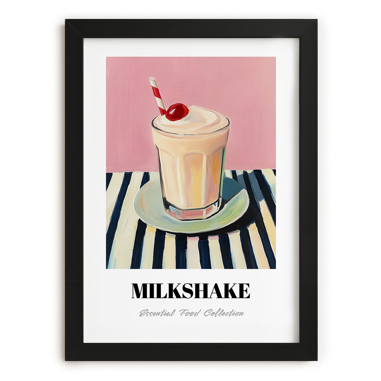 Milkshake – on Striped Tablecloth, American Drink Illustration, in sleek black frame