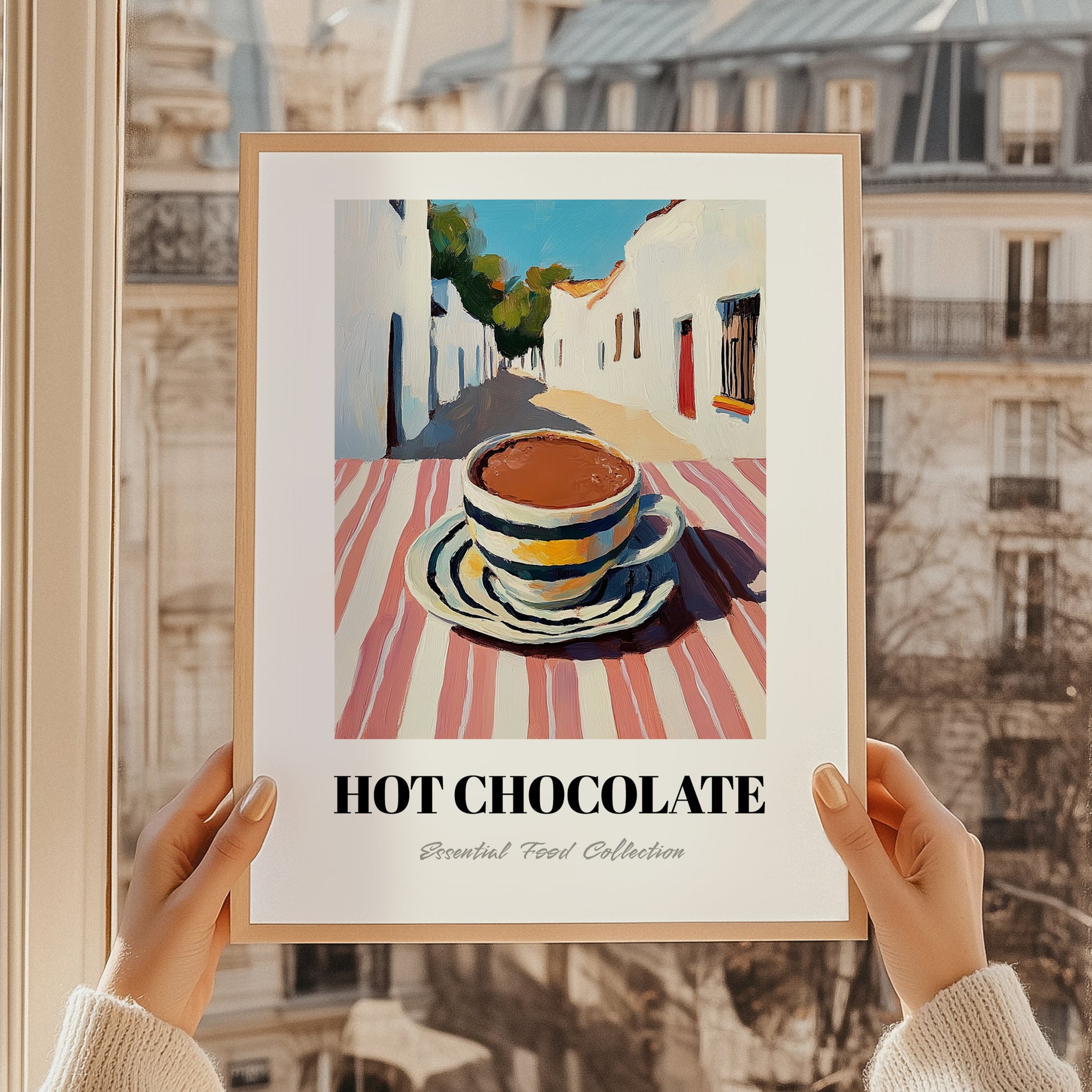 Hot Chocolate – White village Café on the Corner, Swiss Drink Still Life, styled in a charming Paris street view