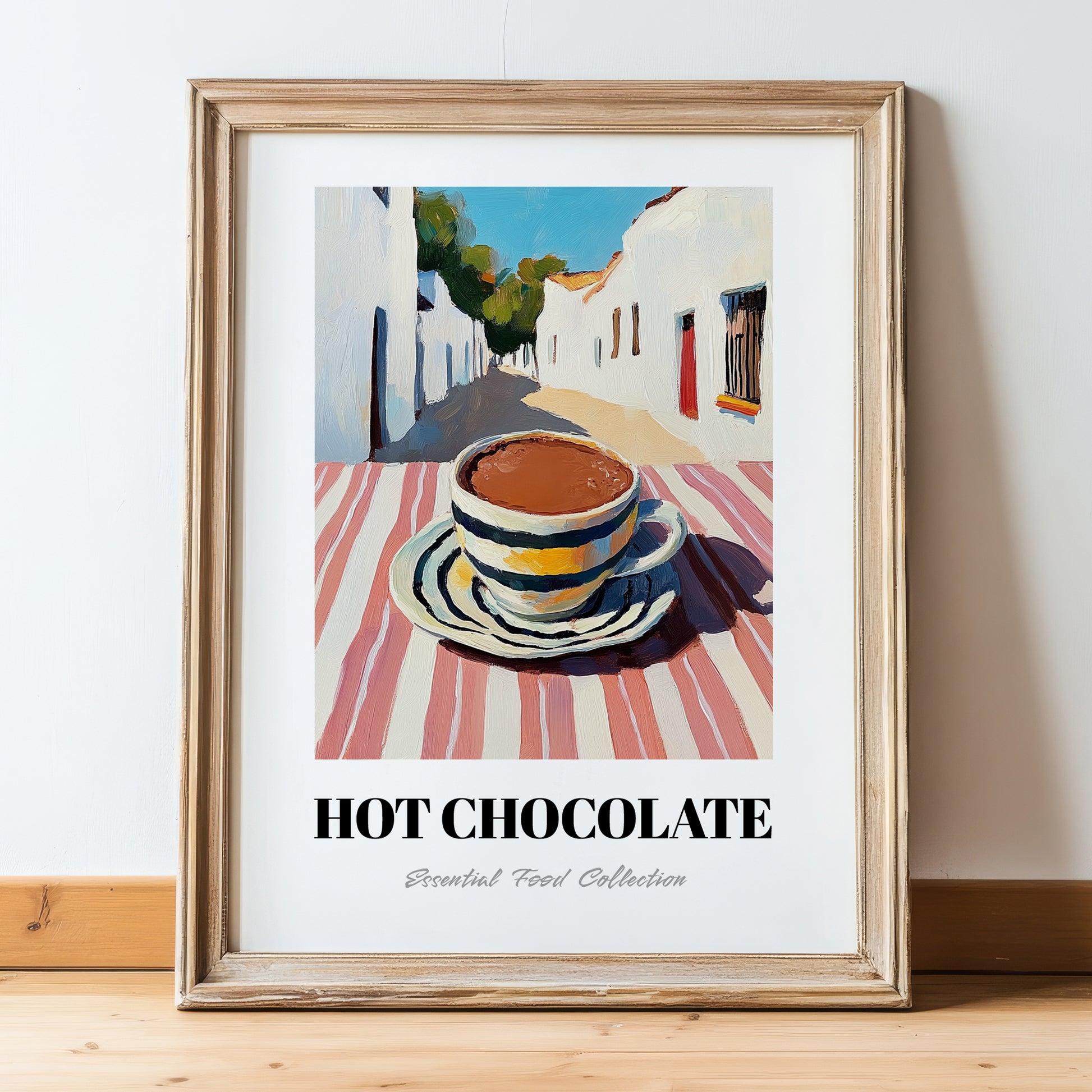 Hot Chocolate – White village Café on the Corner, Swiss Drink Still Life, in wooden frame leaning on the floor