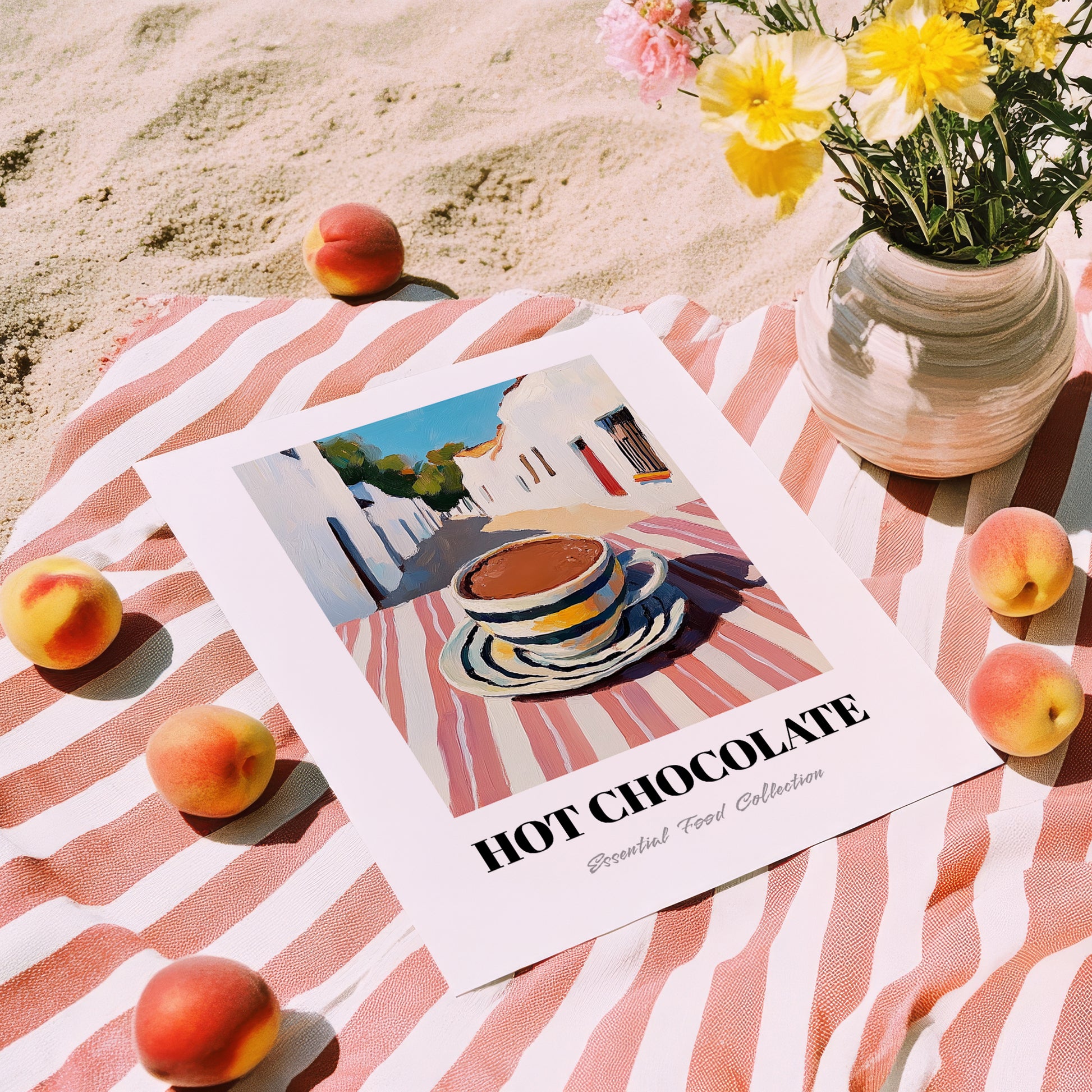 Hot Chocolate – White village Café on the Corner, Swiss Drink Still Life, unframed on coastal sand