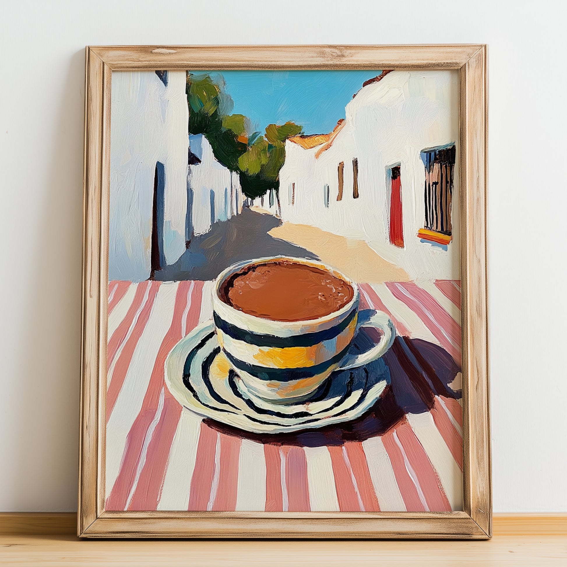 Hot Chocolate – White village Café on the Corner, Swiss Drink Still Life, no-text version framed in wood