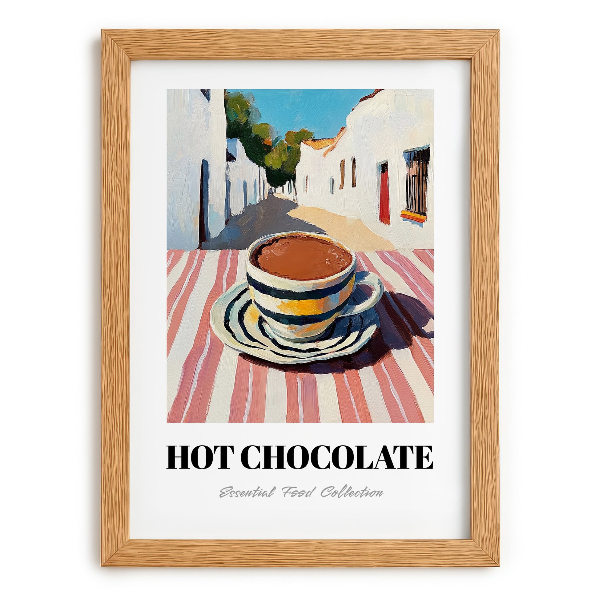 Hot Chocolate – White village Café on the Corner, Swiss Drink Still Life, set in oak frame