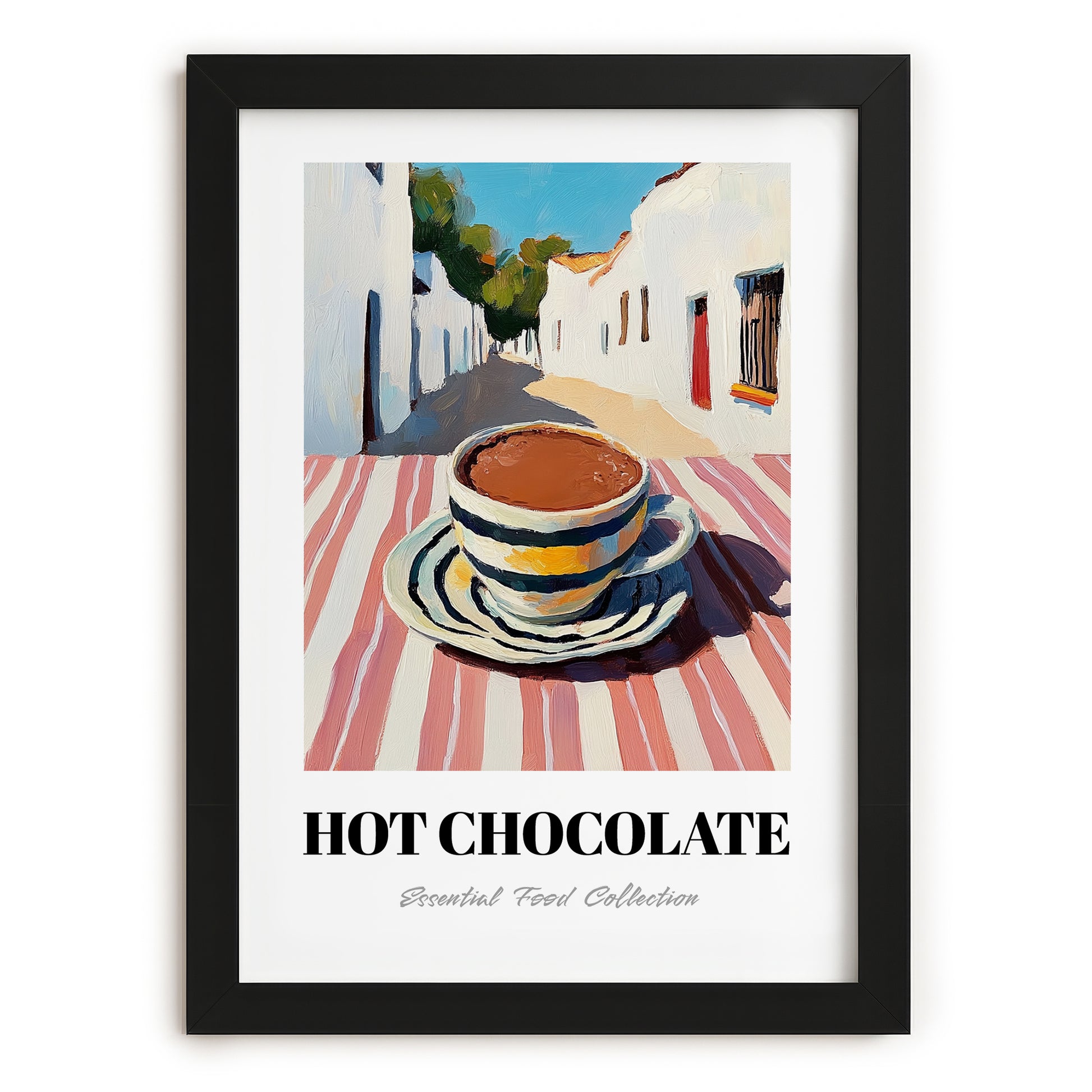 Hot Chocolate – White village Café on the Corner, Swiss Drink Still Life, in sleek black frame
