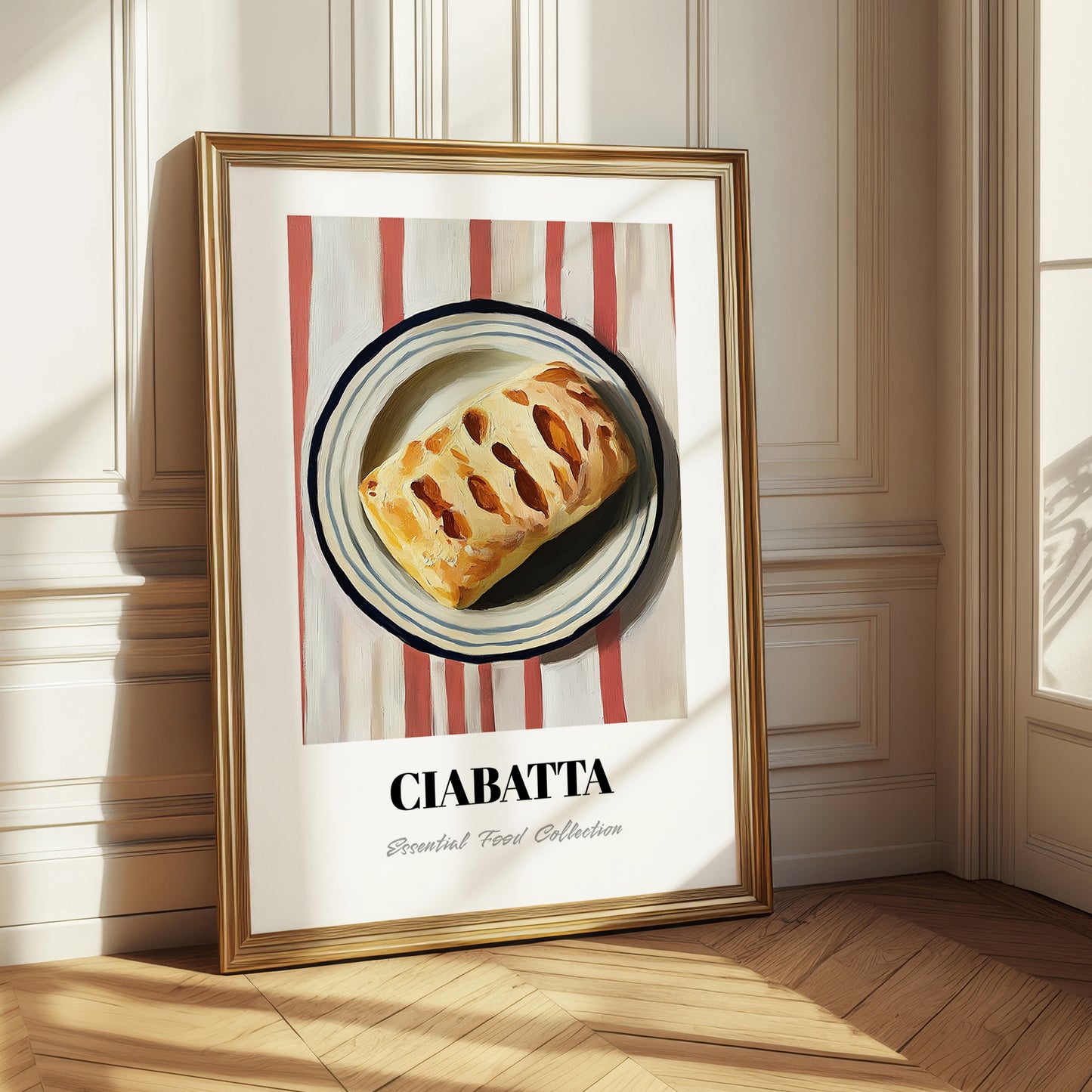 Ciabatta – on Striped Tablecloth, Italian Pastry Painting 