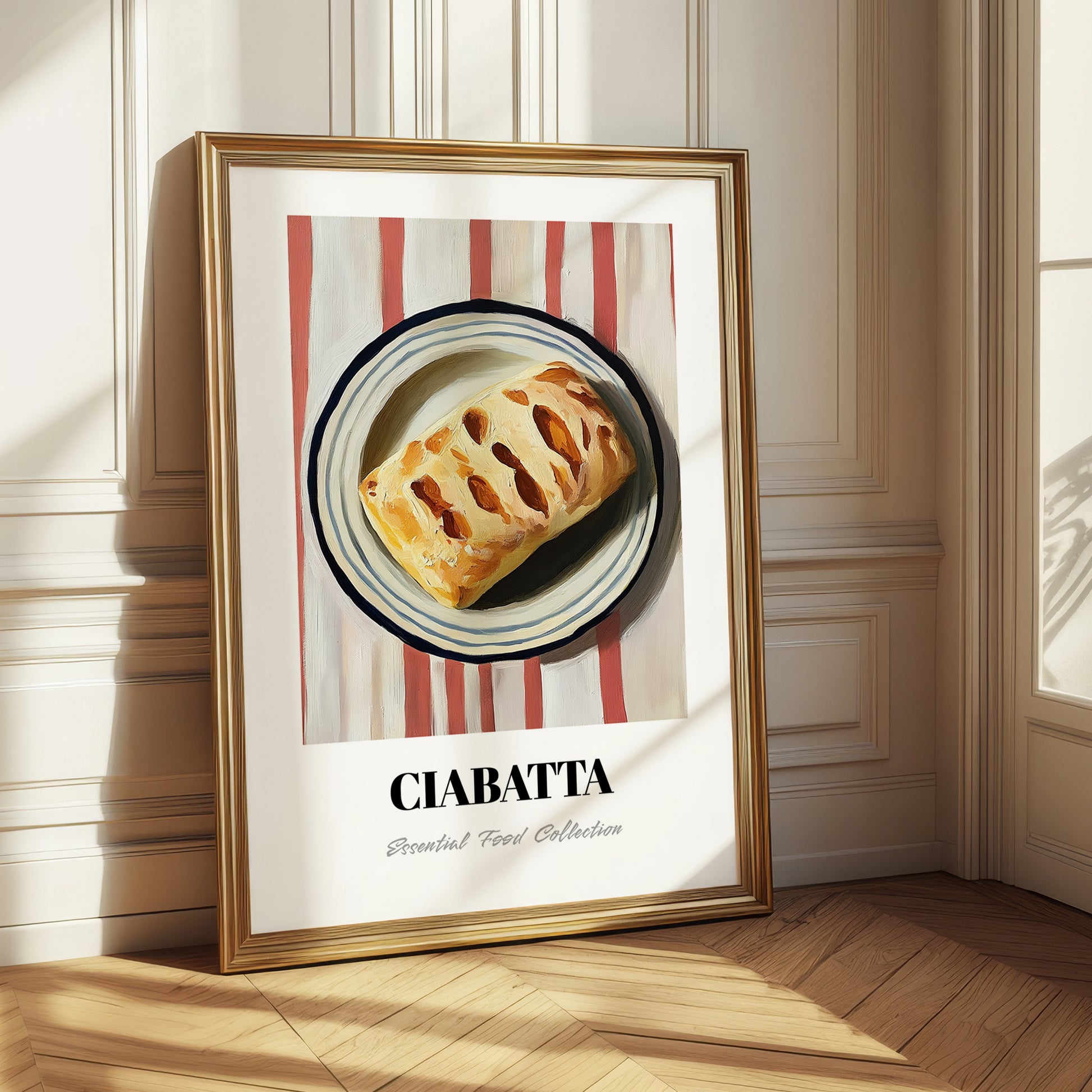 Ciabatta – on Striped Tablecloth, Italian Pastry Painting 