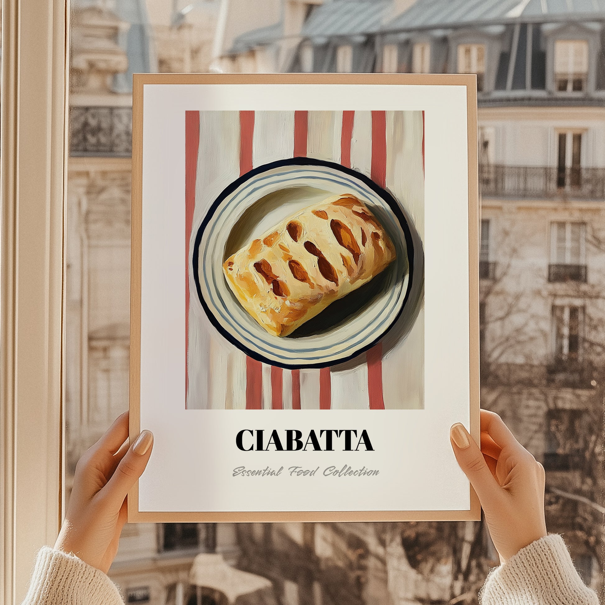 Ciabatta – on Striped Tablecloth, Italian Pastry Painting, styled in a charming Paris street view