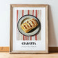 Ciabatta – on Striped Tablecloth, Italian Pastry Painting, in wooden frame leaning on the floor
