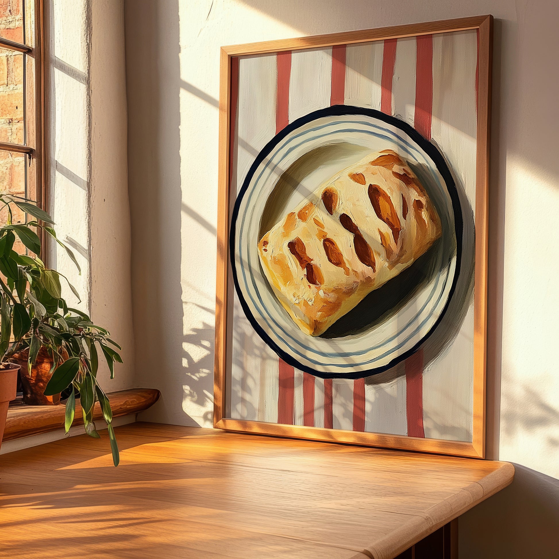 Ciabatta – on Striped Tablecloth, Italian Pastry Painting, clean layout with no caption