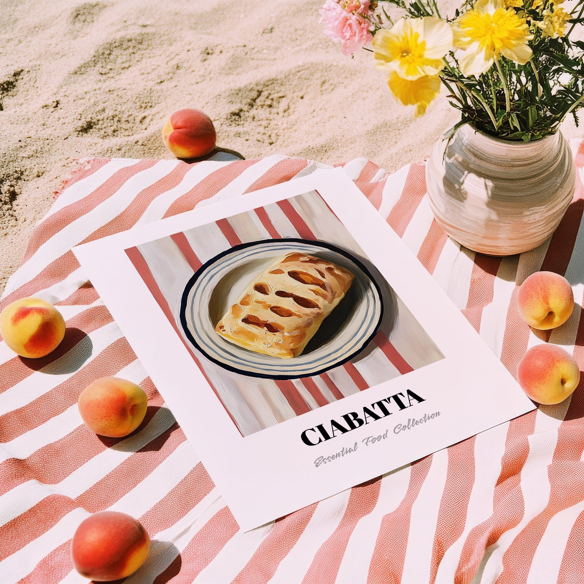 Ciabatta – on Striped Tablecloth, Italian Pastry Painting, unframed on coastal sand