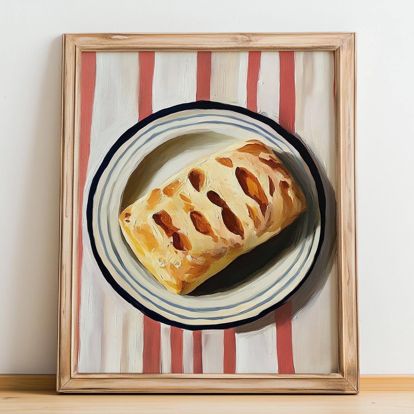 Ciabatta – on Striped Tablecloth, Italian Pastry Painting, no-text version framed in wood