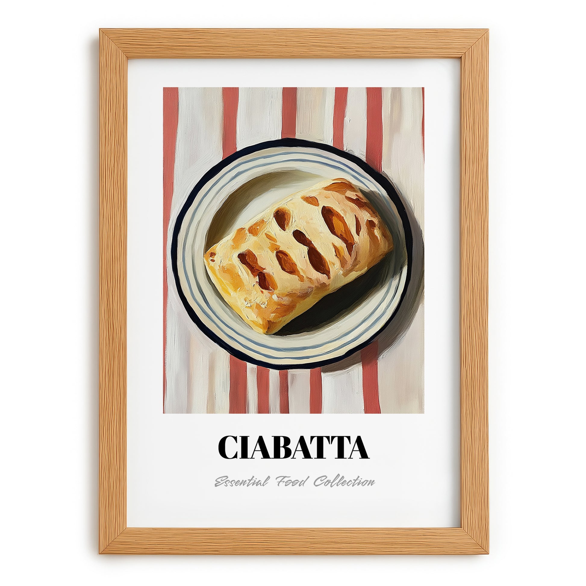 Ciabatta – on Striped Tablecloth, Italian Pastry Painting, set in oak frame