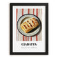 Ciabatta – on Striped Tablecloth, Italian Pastry Painting, in sleek black frame
