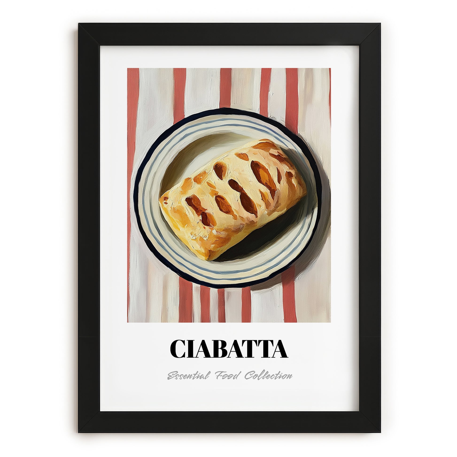 Ciabatta – on Striped Tablecloth, Italian Pastry Painting, in sleek black frame
