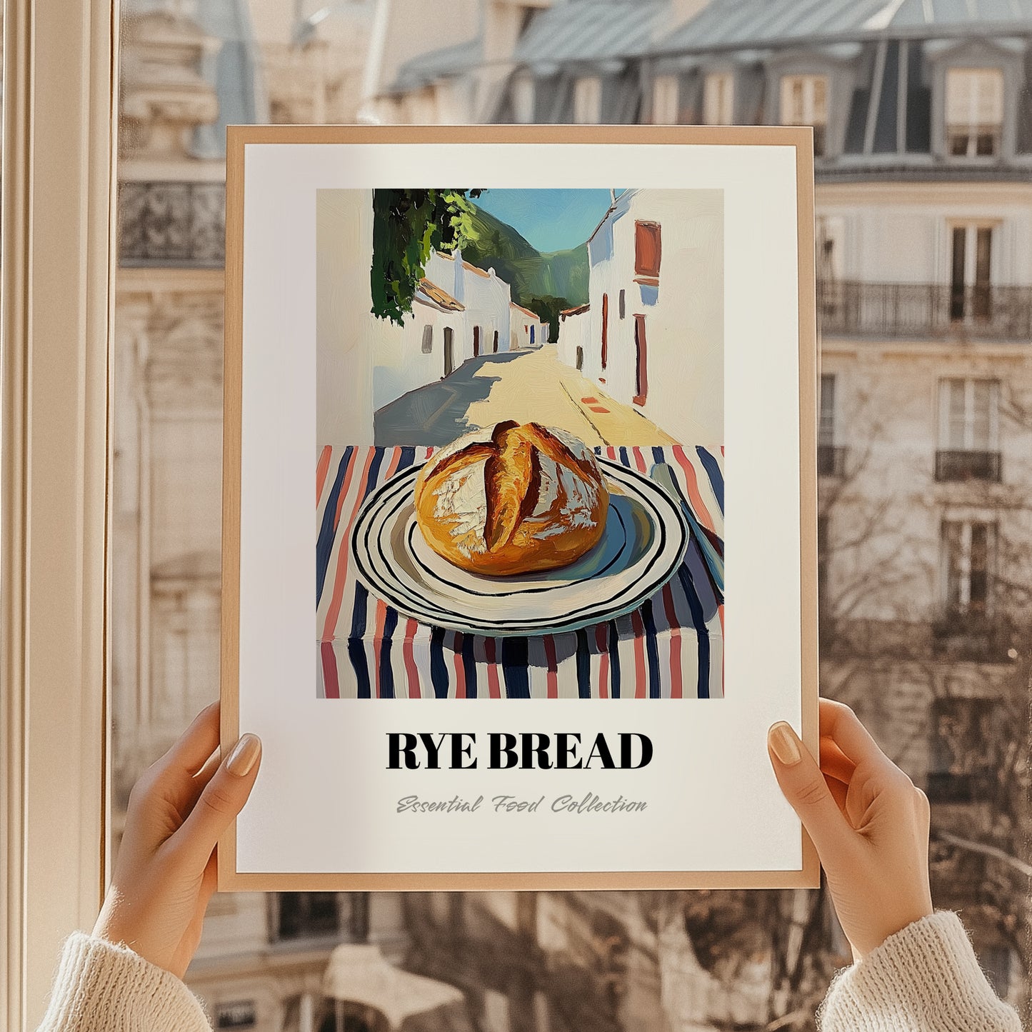 Rye Bread – White village Urban Café Scene, German Food Poster, styled in a charming Paris street view
