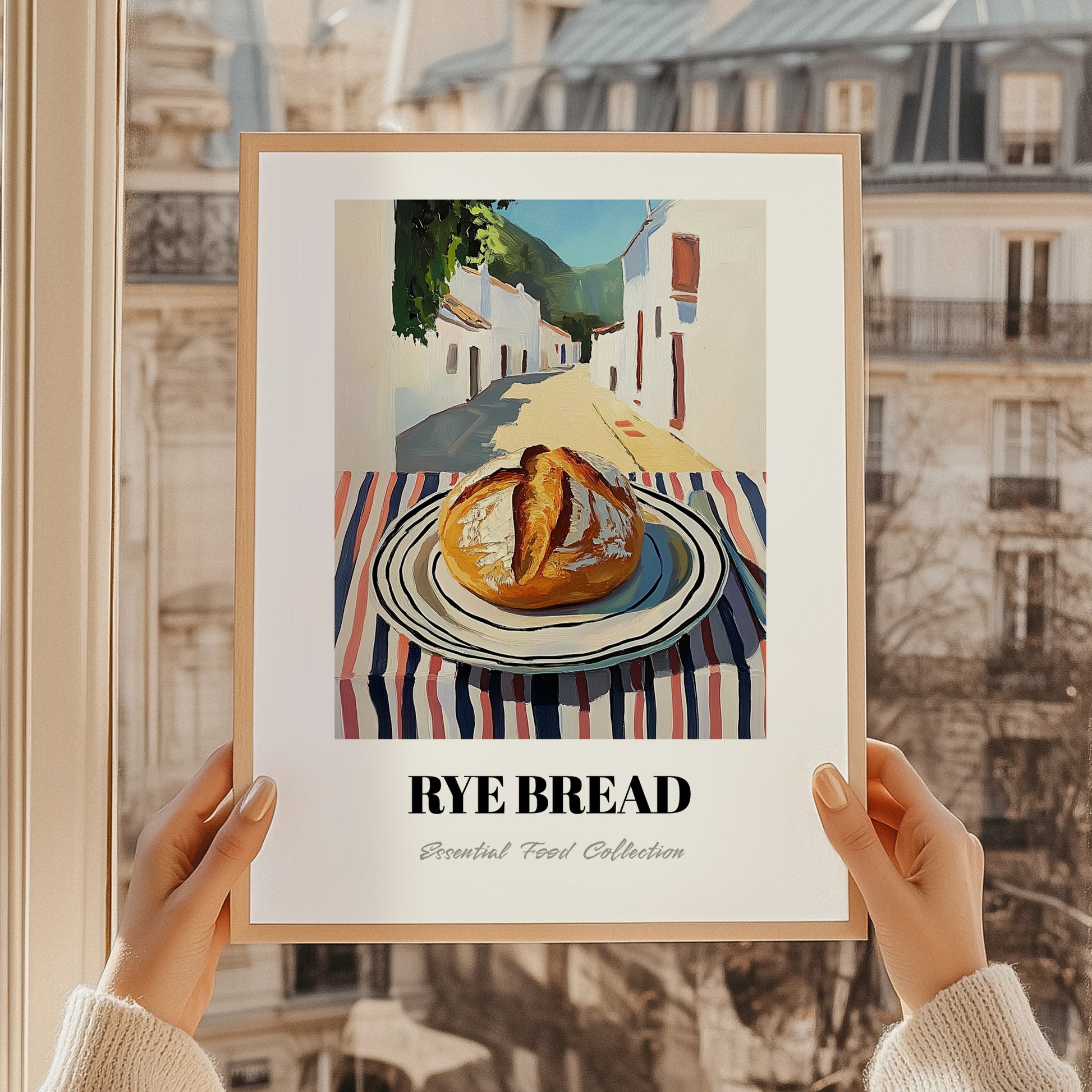 Rye Bread – White village Urban Café Scene, German Food Poster, styled in a charming Paris street view