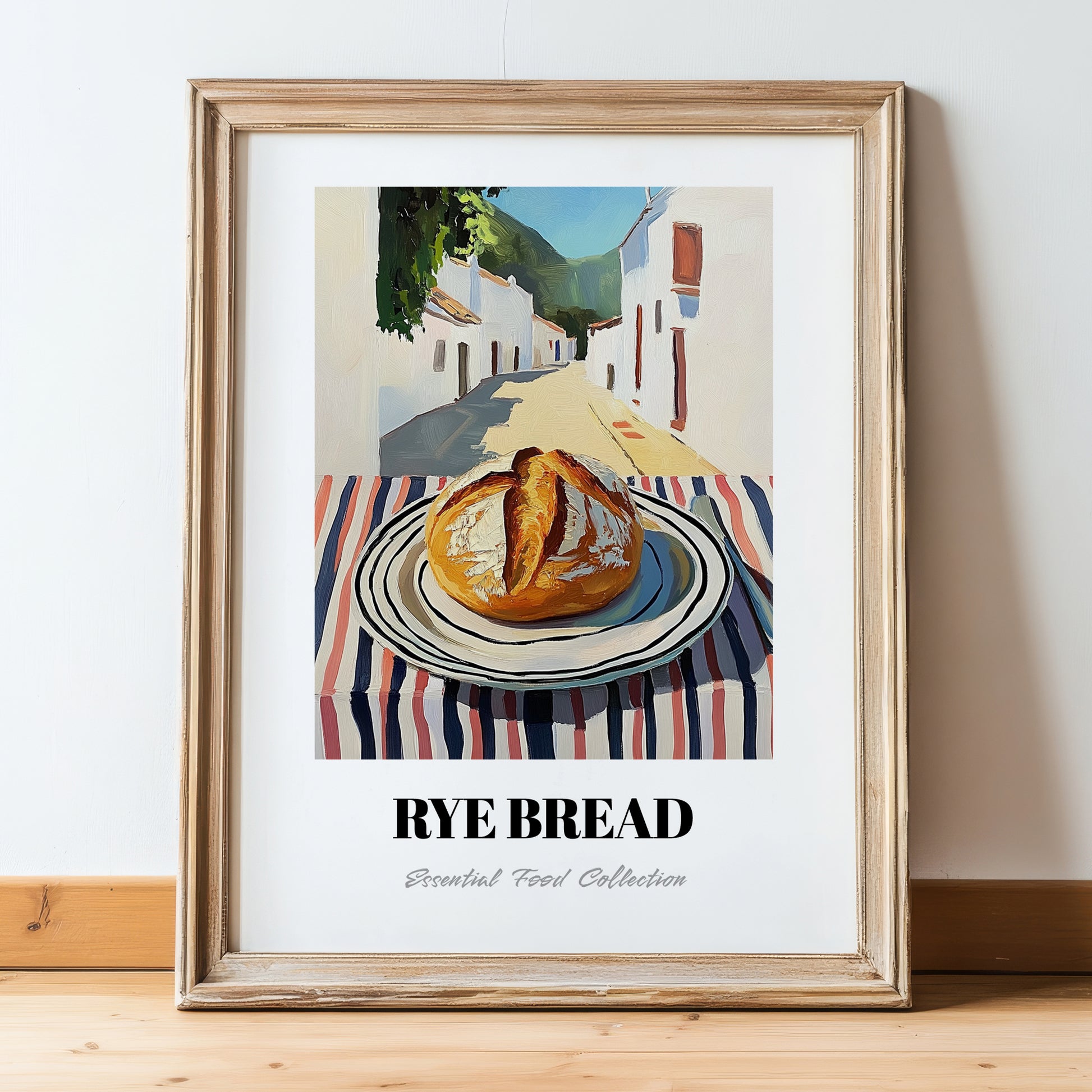 Rye Bread – White village Urban Café Scene, German Food Poster, in wooden frame leaning on the floor