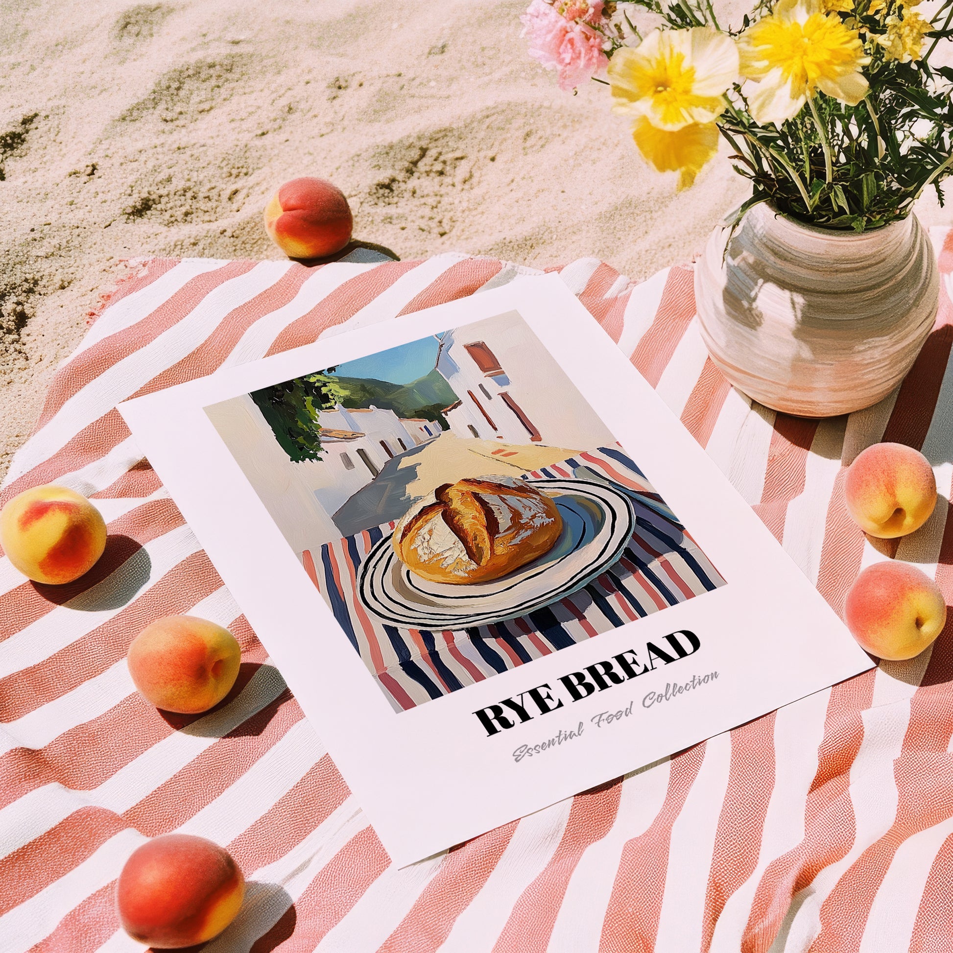 Rye Bread – White village Urban Café Scene, German Food Poster, unframed on coastal sand