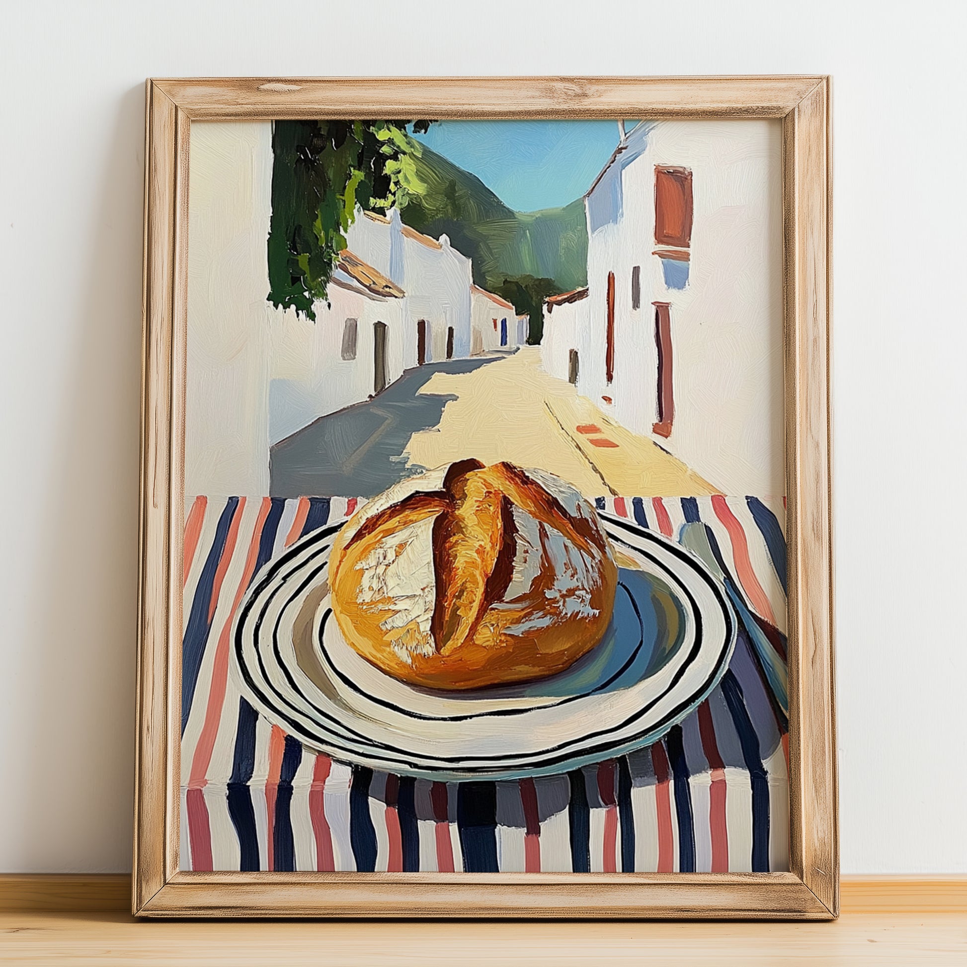 Rye Bread – White village Urban Café Scene, German Food Poster, no-text version framed in wood