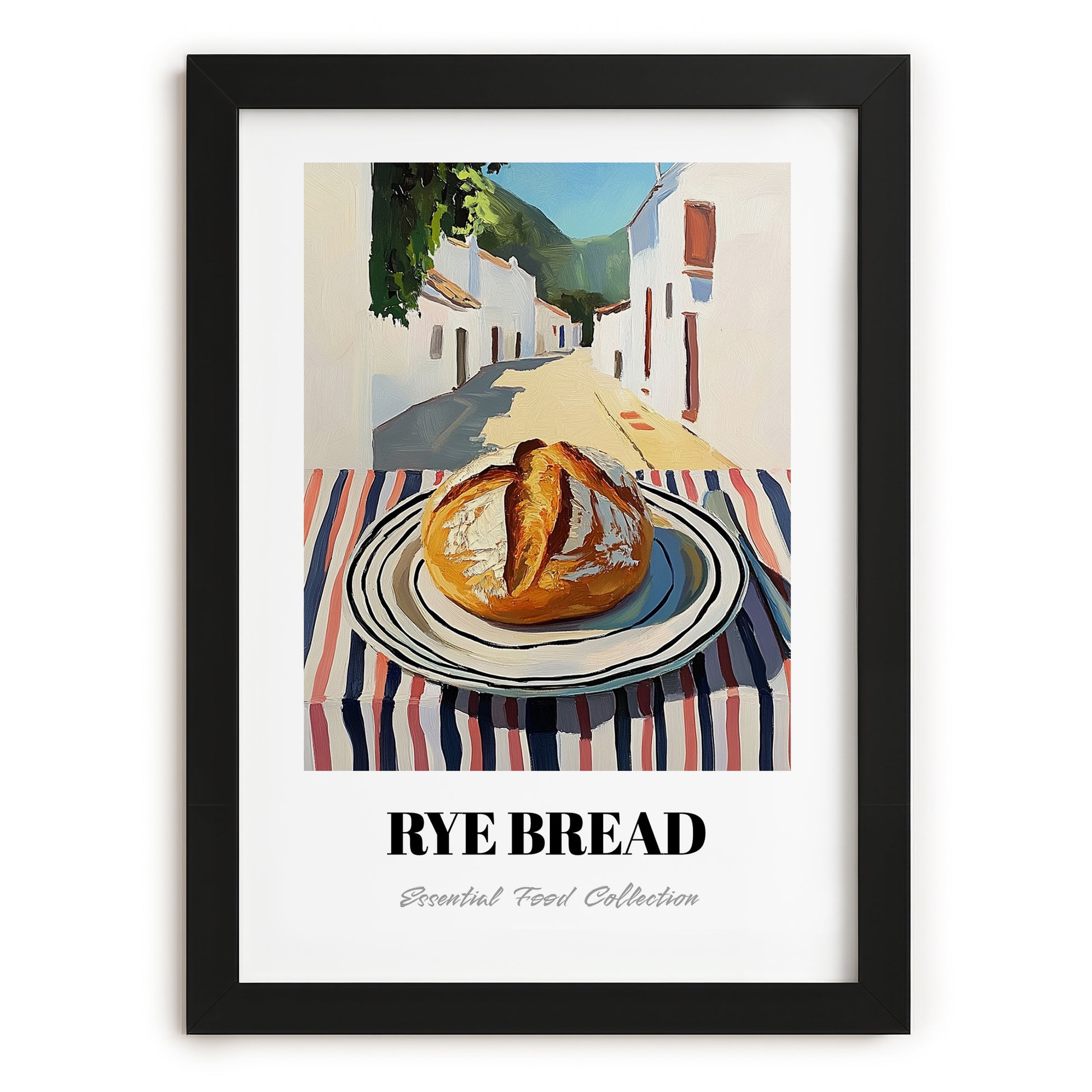 Rye Bread – White village Urban Café Scene, German Food Poster, in sleek black frame