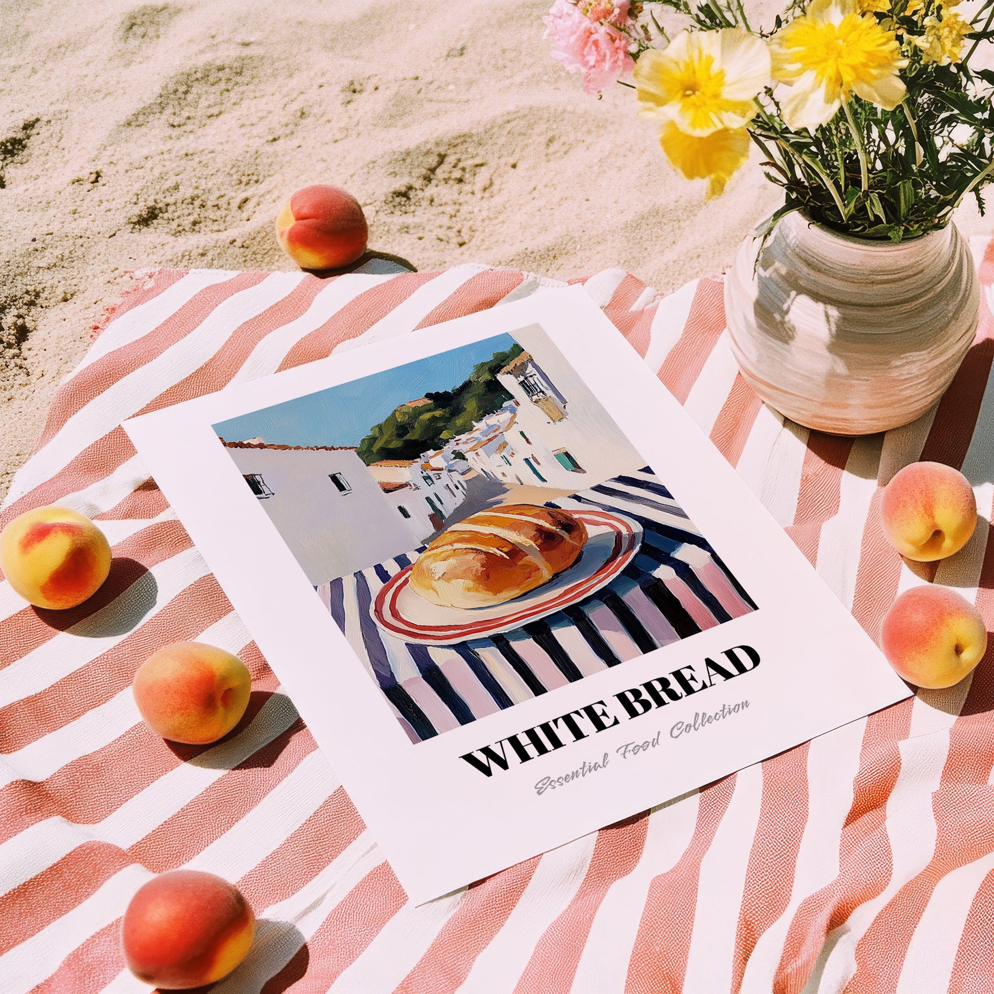 White Bread – White village Street Café Scene, American Food Print, unframed on coastal sand
