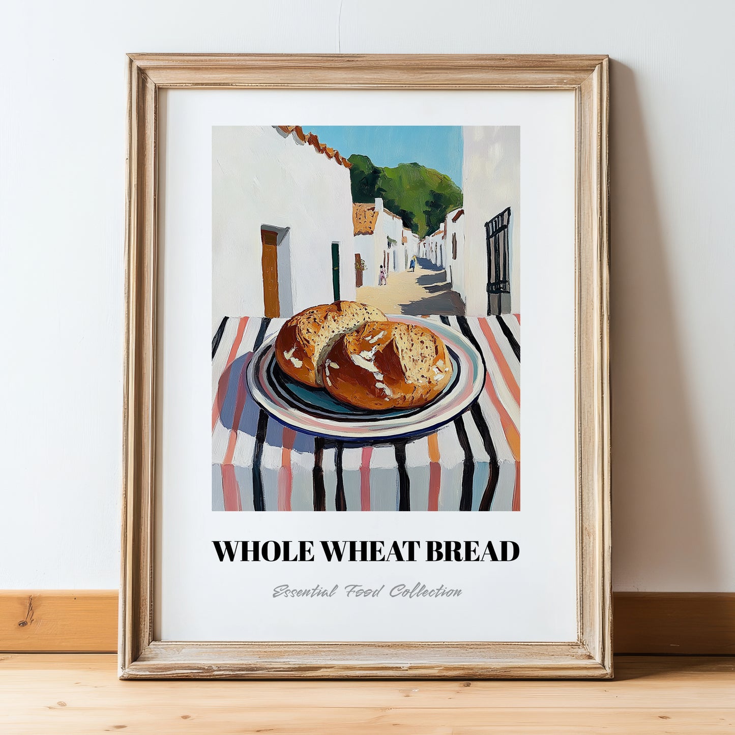Whole Wheat Bread – White village Street Café Scene, American Food Wall Decor, in wooden frame leaning on the floor