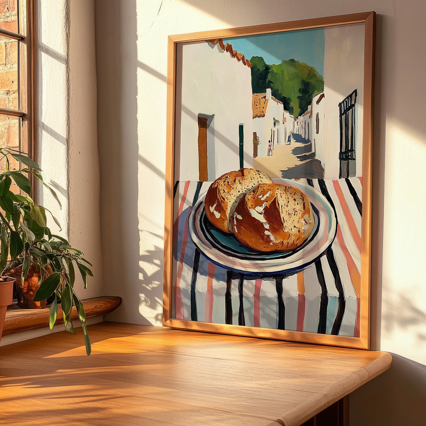 Whole Wheat Bread – White village Street Café Scene, American Food Wall Decor, clean layout with no caption