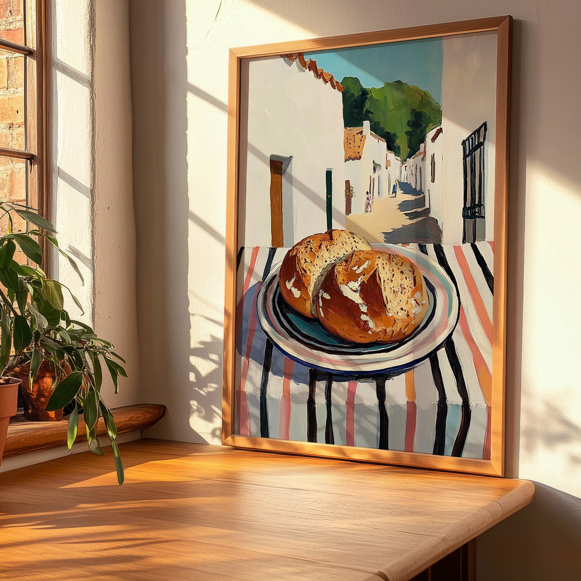 Whole Wheat Bread – White village Street Café Scene, American Food Wall Decor, clean layout with no caption