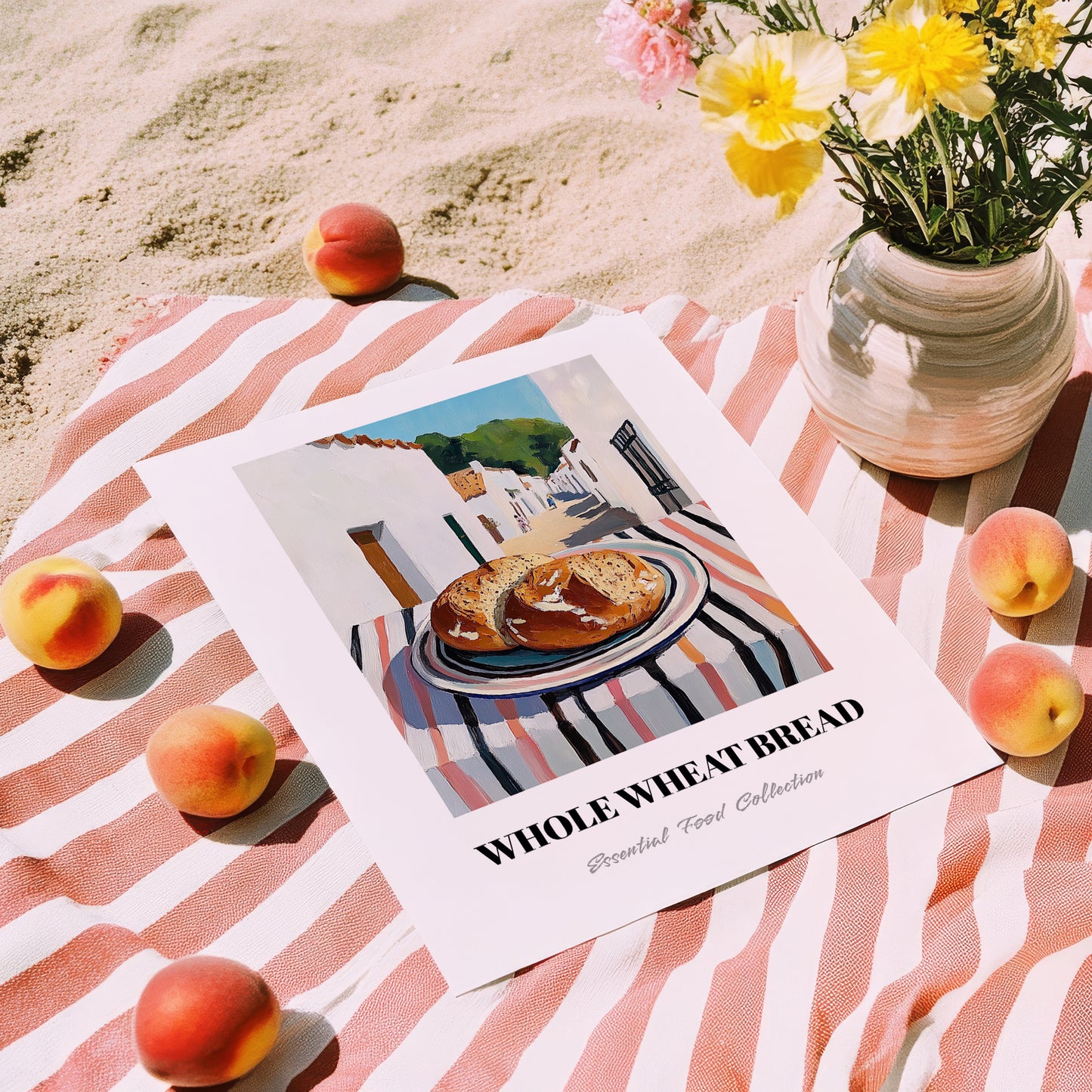 Whole Wheat Bread – White village Street Café Scene, American Food Wall Decor, unframed on coastal sand