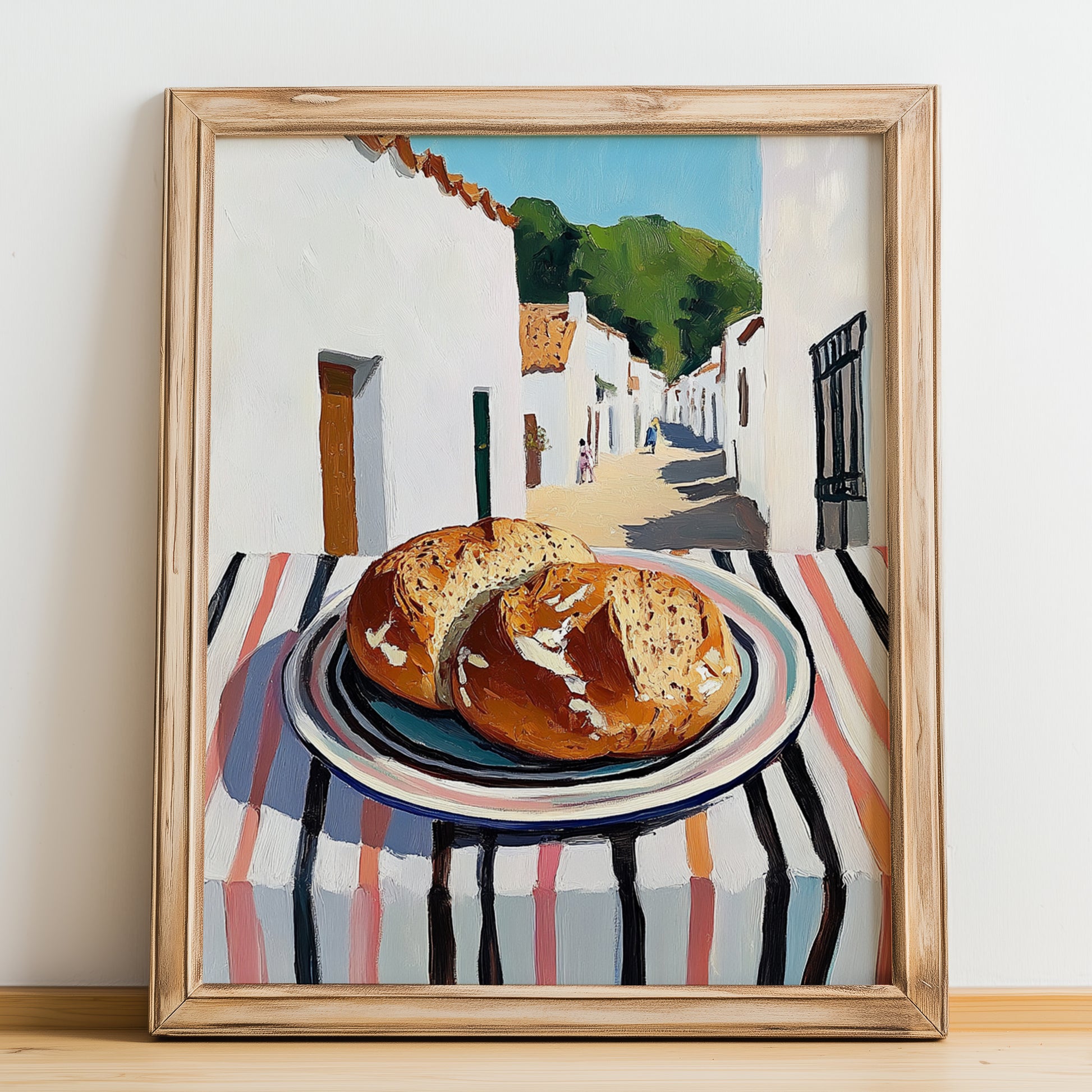 Whole Wheat Bread – White village Street Café Scene, American Food Wall Decor, no-text version framed in wood