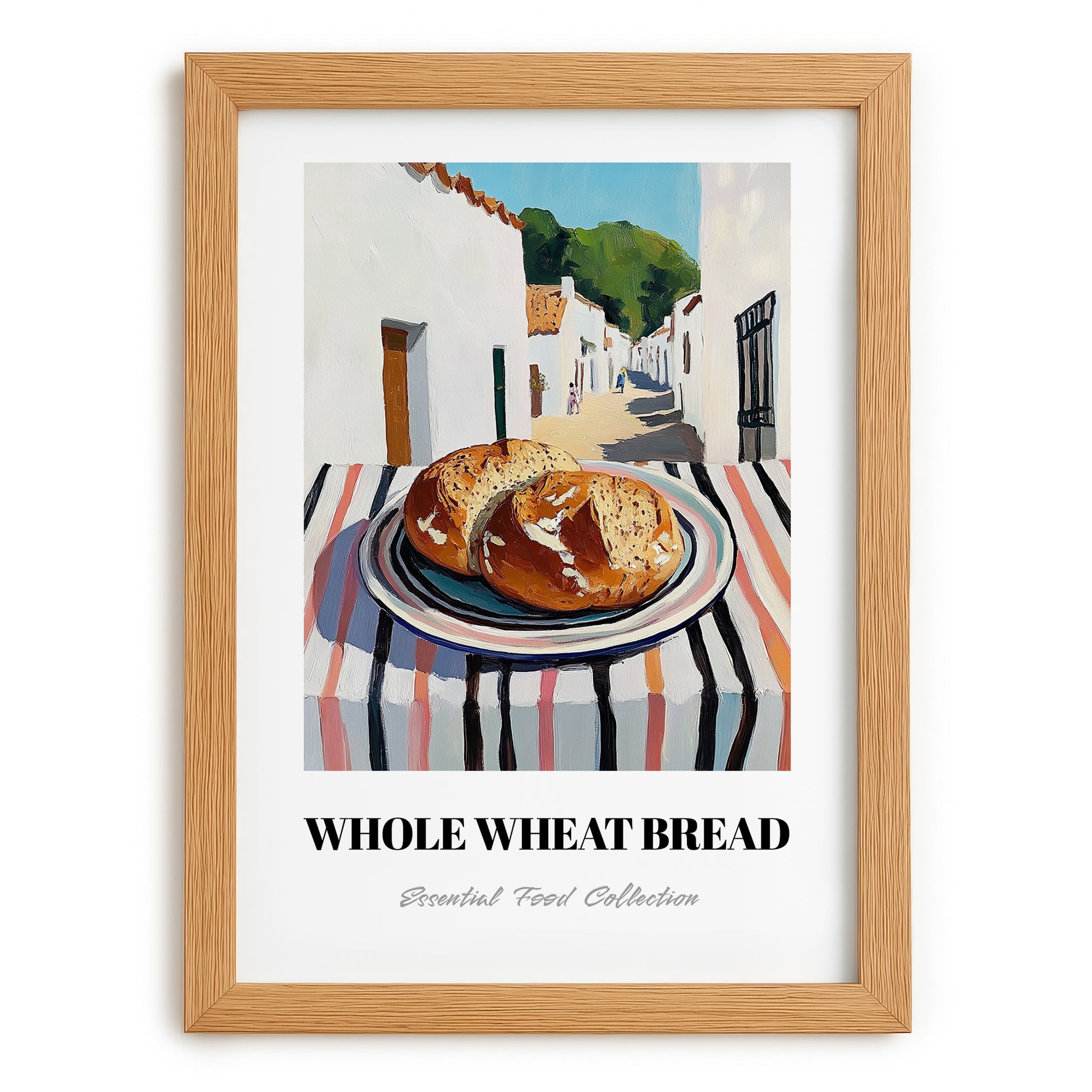 Whole Wheat Bread – White village Street Café Scene, American Food Wall Decor, set in oak frame
