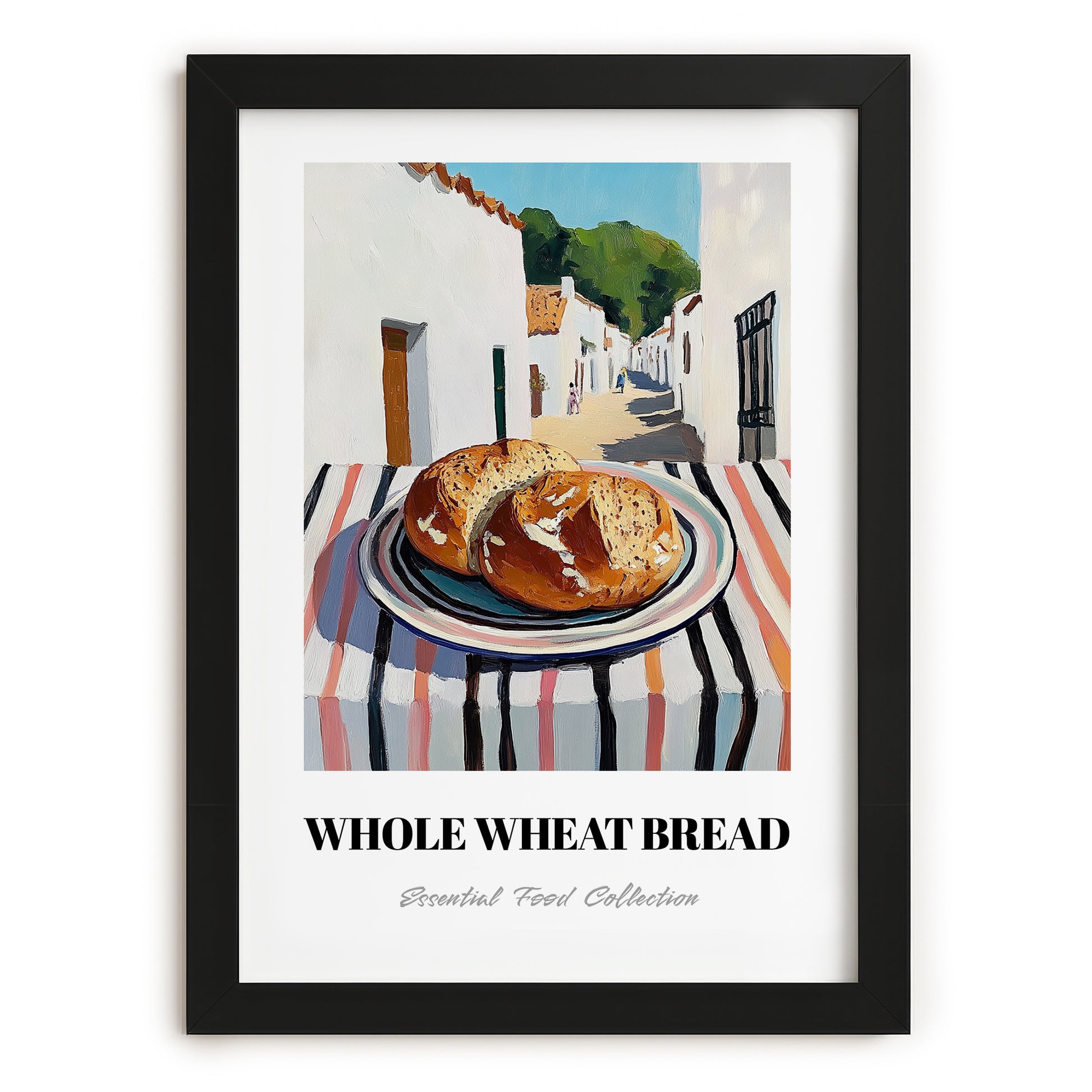 Whole Wheat Bread – White village Street Café Scene, American Food Wall Decor, in sleek black frame