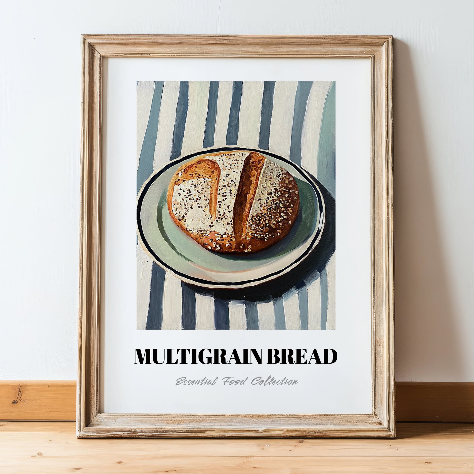 Multigrain Bread – on Striped Tablecloth, American Food Poster, in wooden frame leaning on the floor