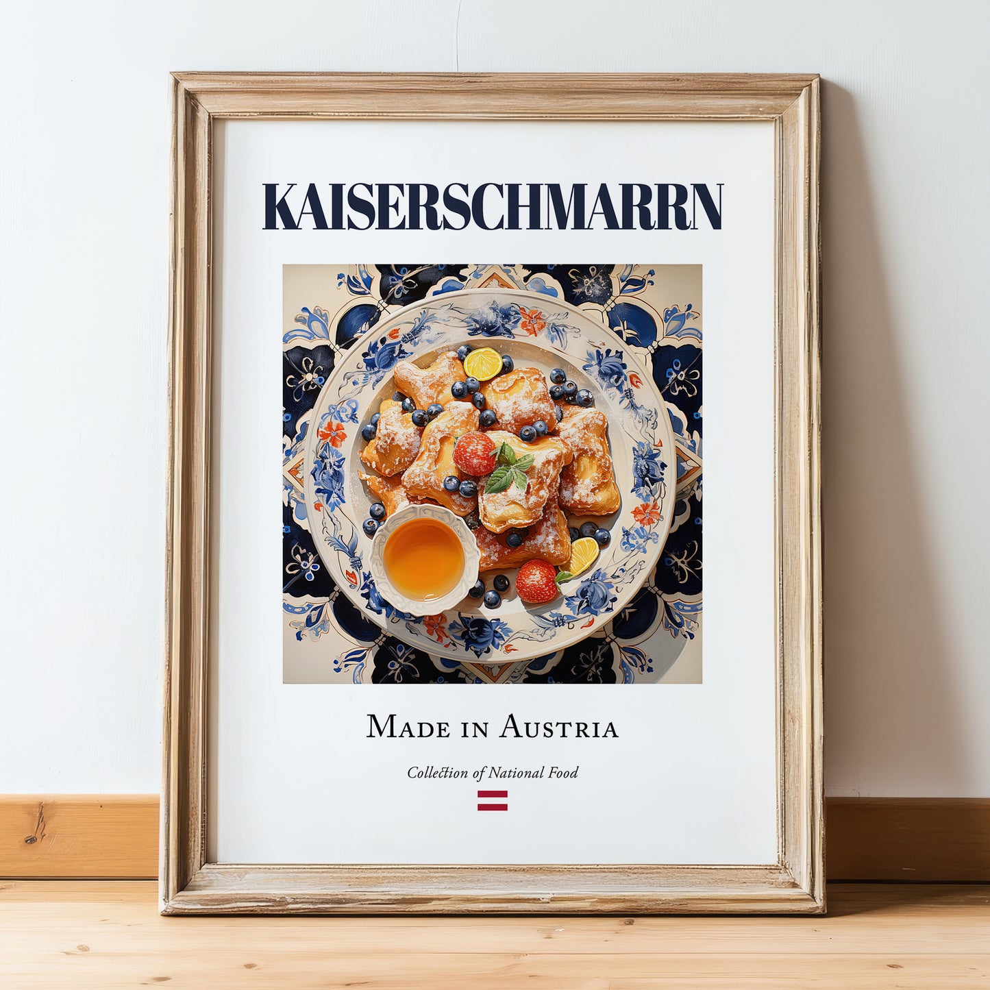 Kaiserschmarrn – Austrian Dessert Dish, Bistro Poster, in wooden frame leaning on the floor