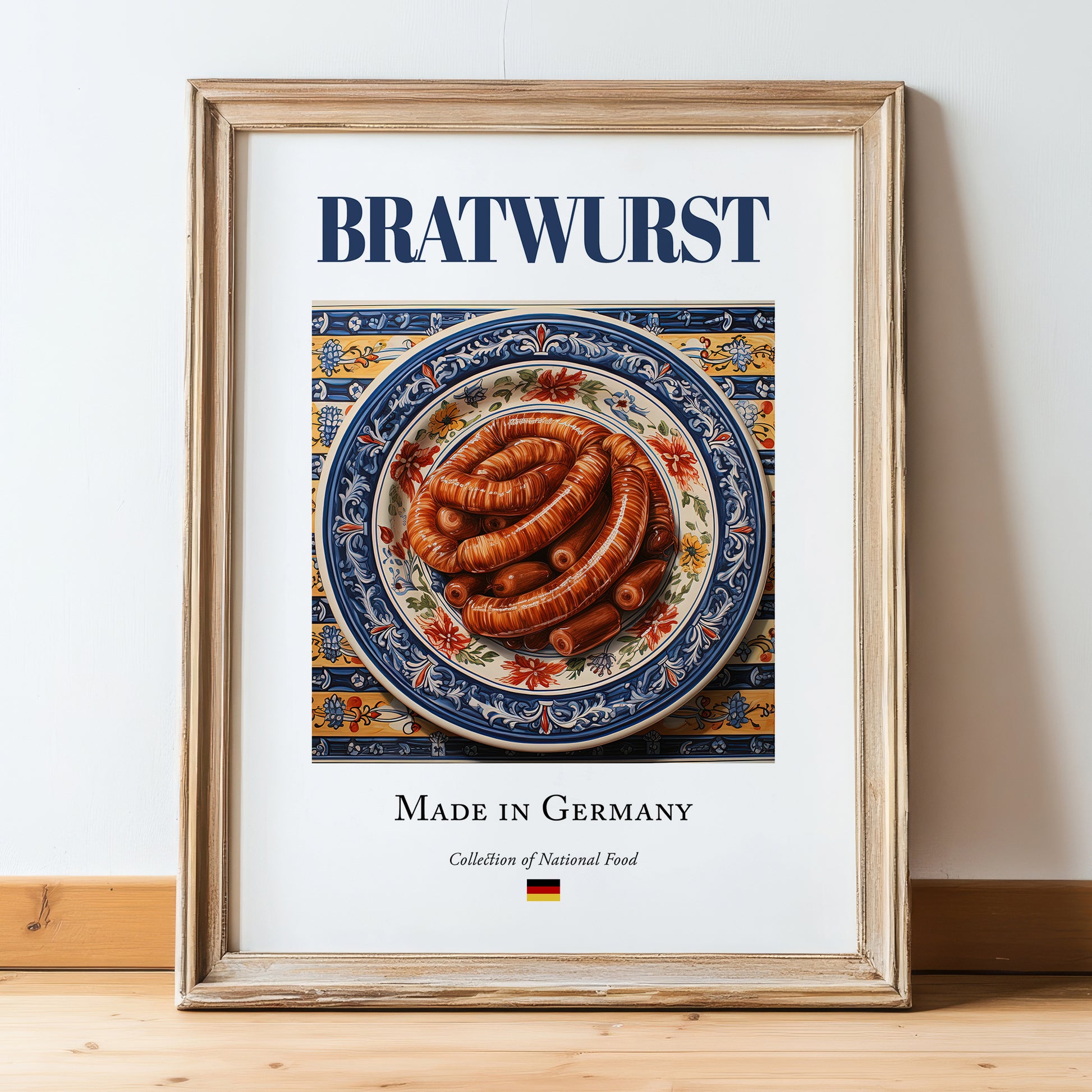 Bratwurst – German Meat Dish, Café Wall Decor, in wooden frame leaning on the floor