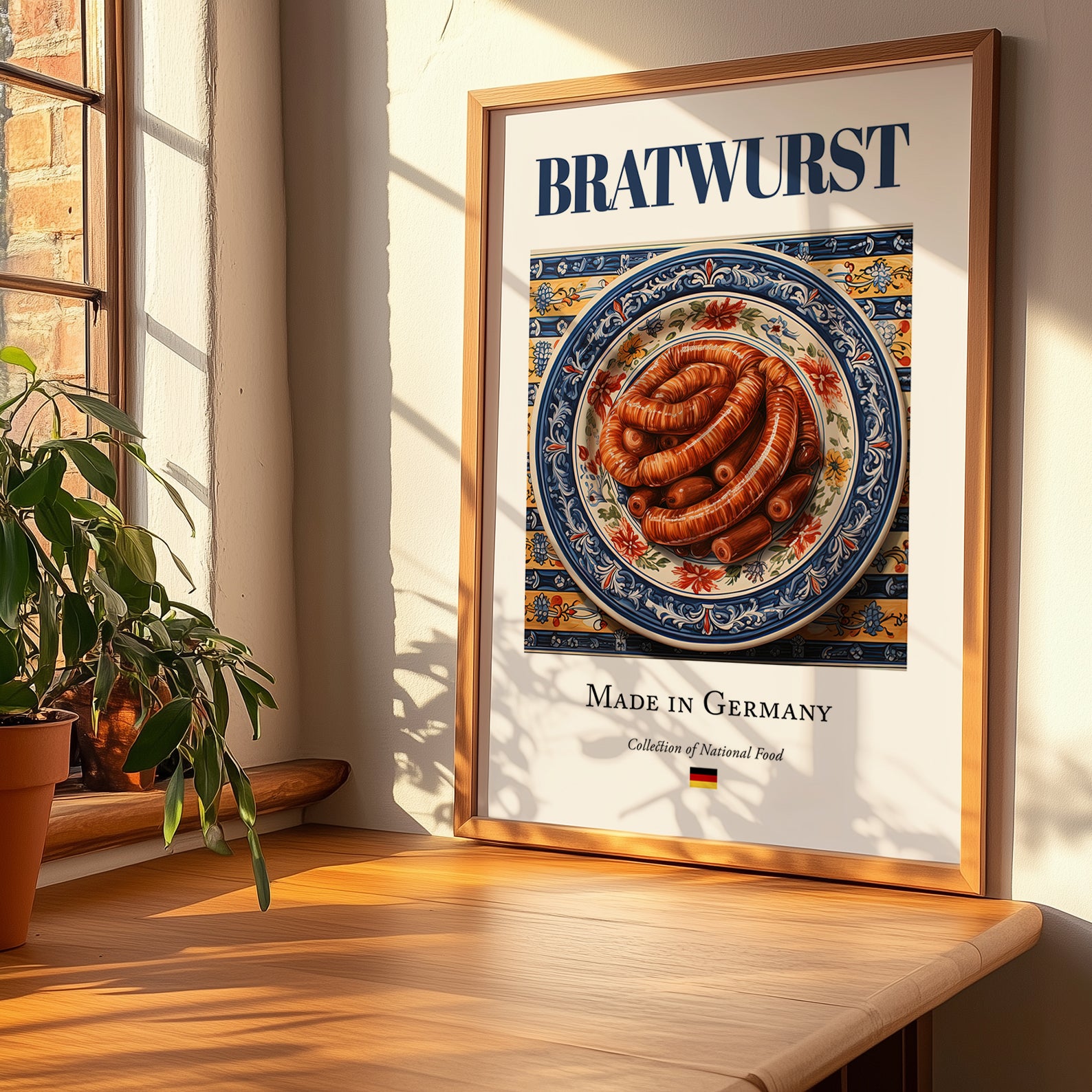 Bratwurst – German Meat Dish, Café Wall Decor, no-text version framed in wood