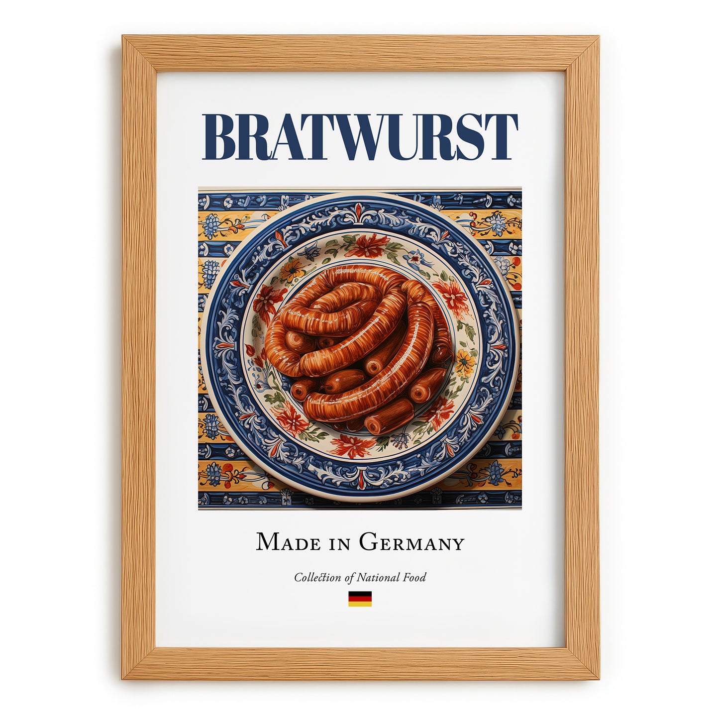 Bratwurst – German Meat Dish, Café Wall Decor, set in oak frame