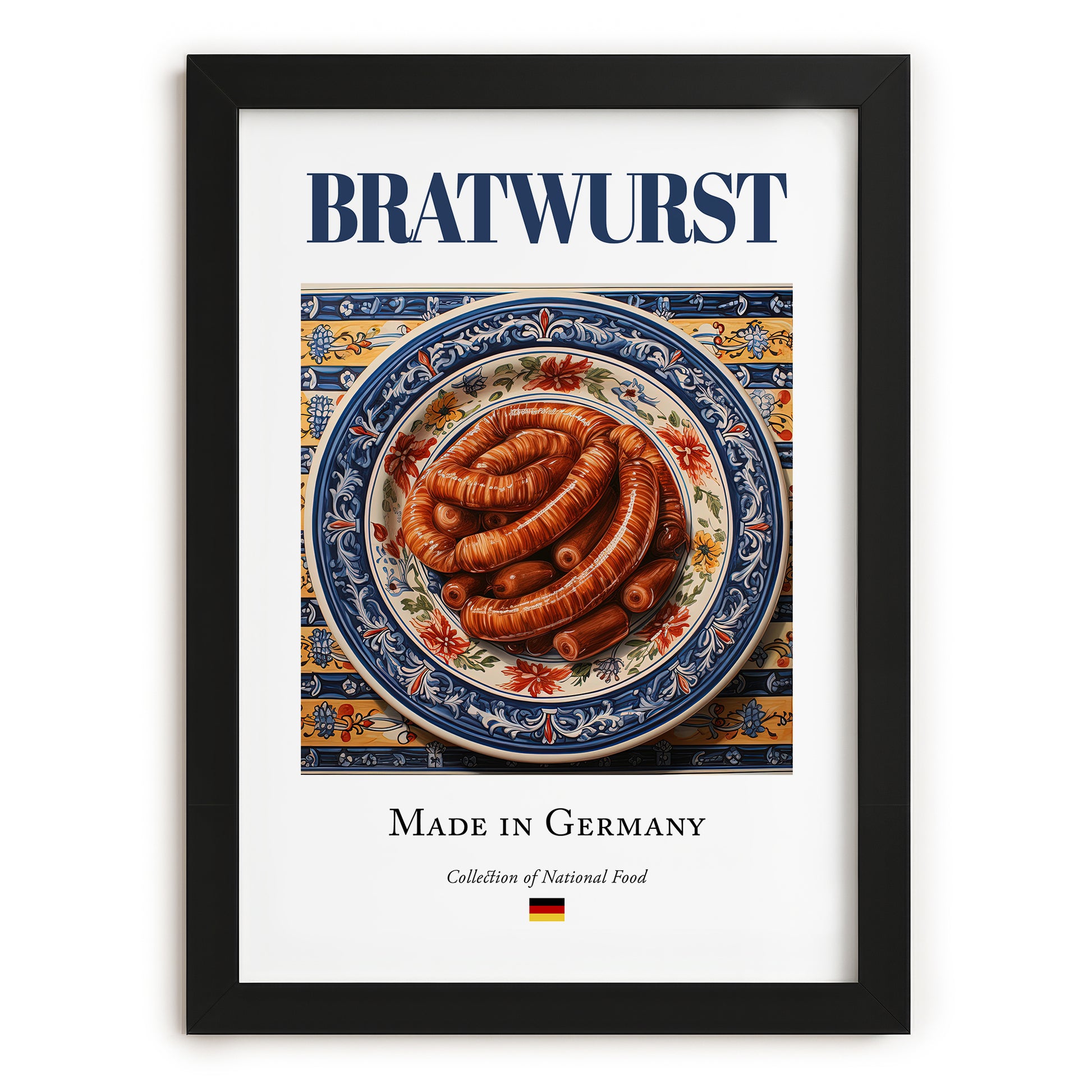 Bratwurst – German Meat Dish, Café Wall Decor, in sleek black frame
