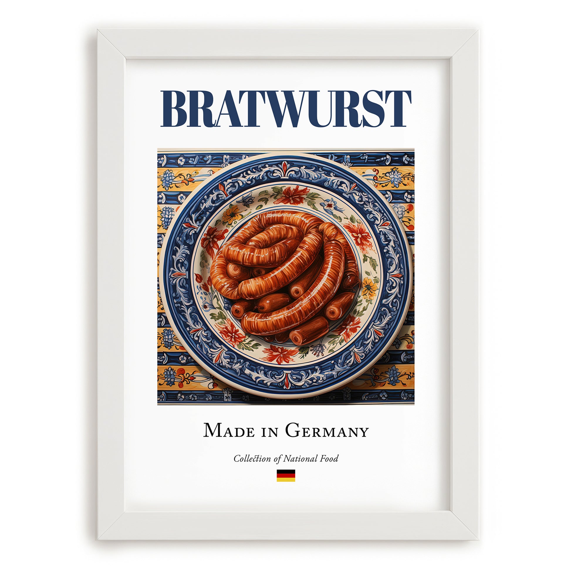 Bratwurst – German Meat Dish, Café Wall Decor, placed in minimal white frame