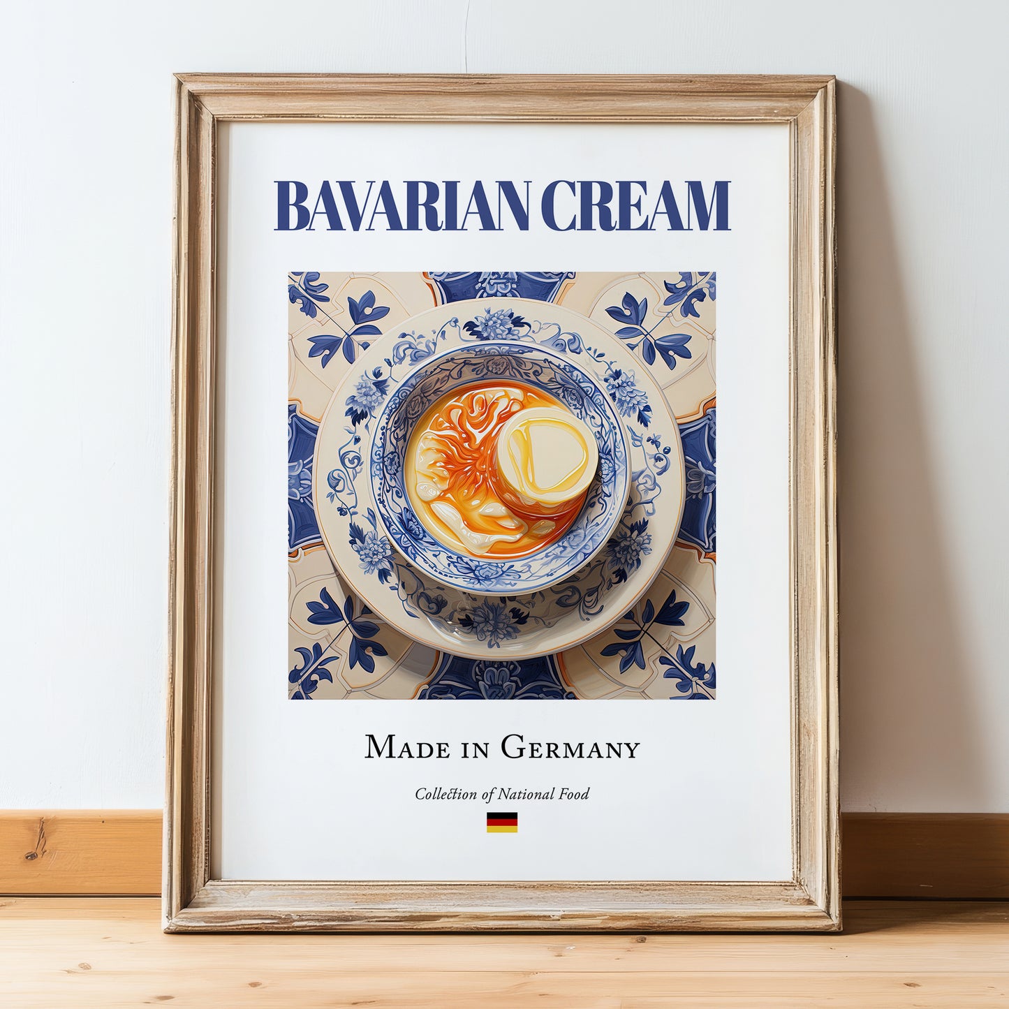 Bavarian Cream – German Dessert Dish, Bistro Still Life, in wooden frame leaning on the floor