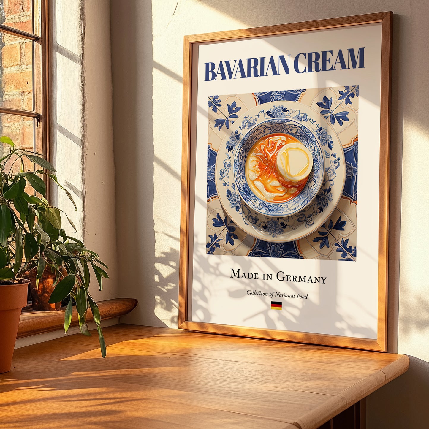Bavarian Cream – German Dessert Dish, Bistro Still Life, no-text version framed in wood