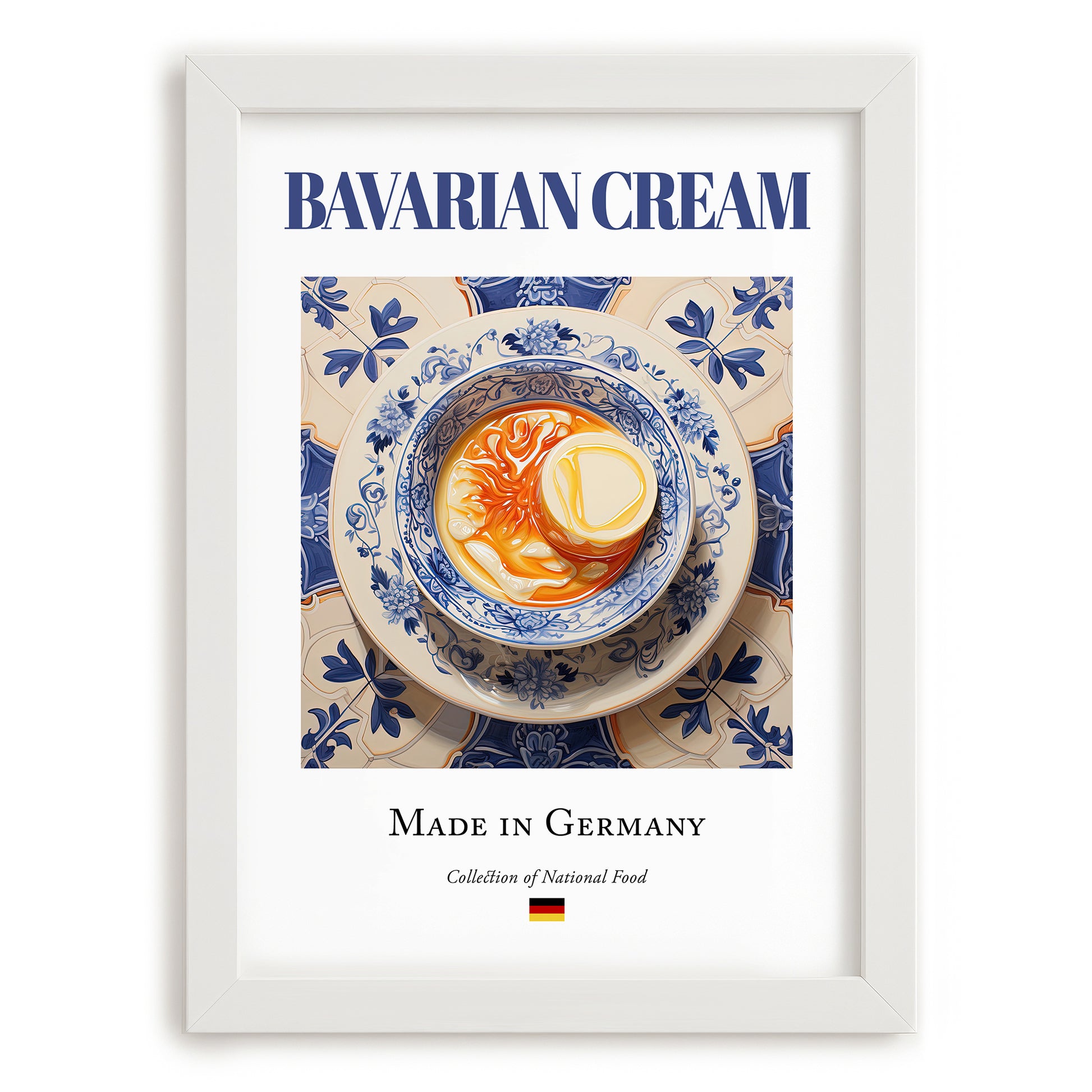 Bavarian Cream – German Dessert Dish, Bistro Still Life, placed in minimal white frame