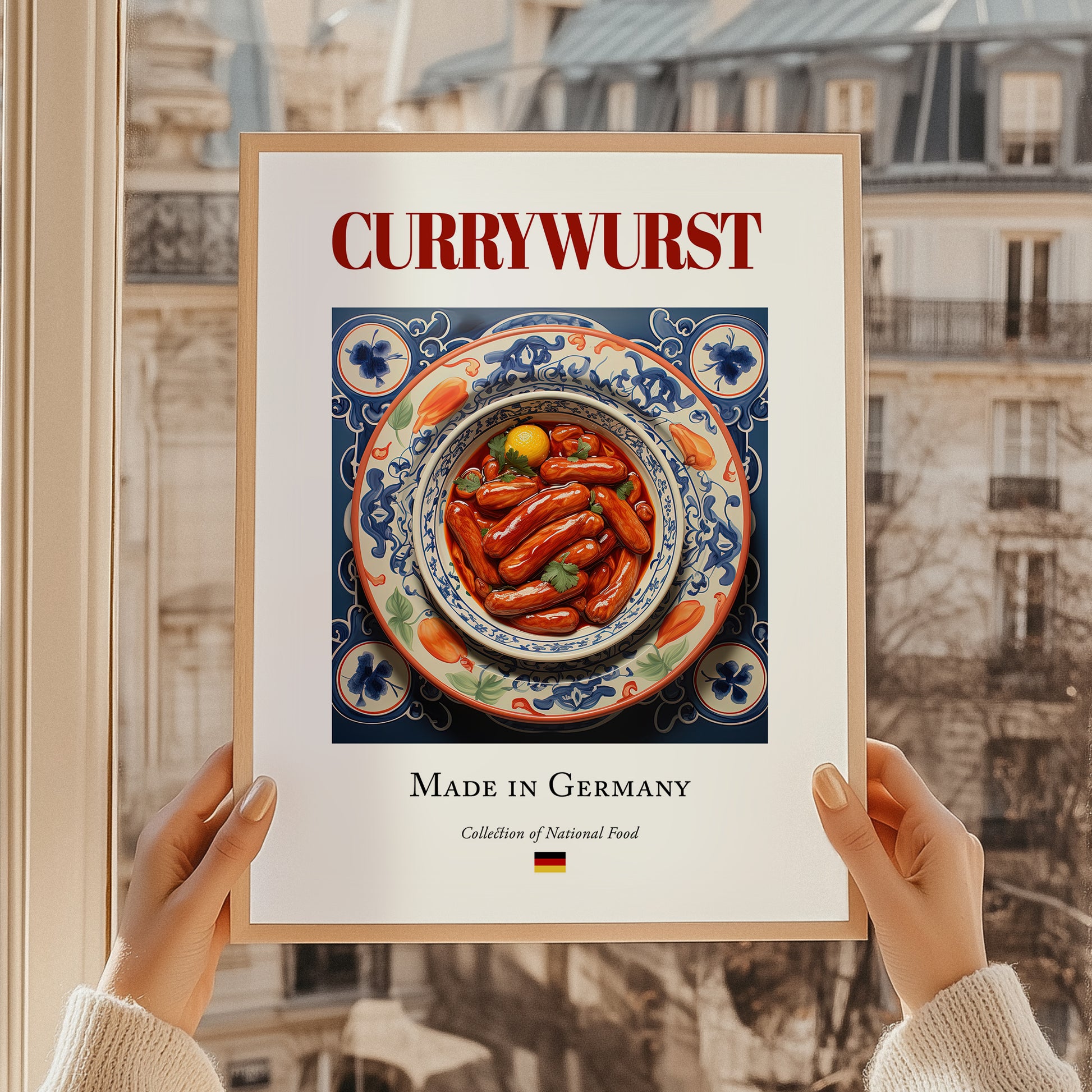 Currywurst – German Meat Dish, Food Bar Wall Art, styled in a charming Paris street view