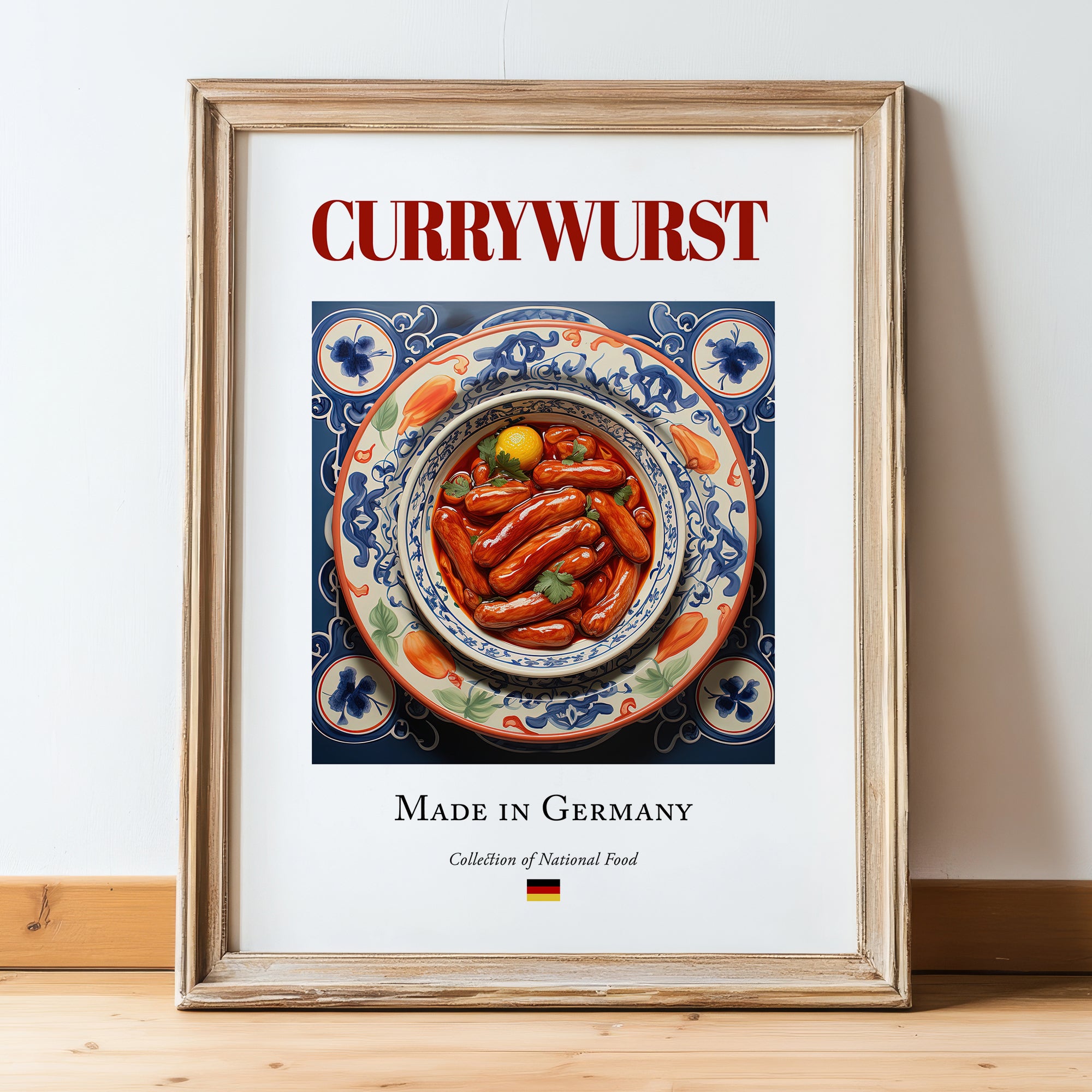 Currywurst – German Meat Dish, Food Bar Wall Art, in wooden frame leaning on the floor