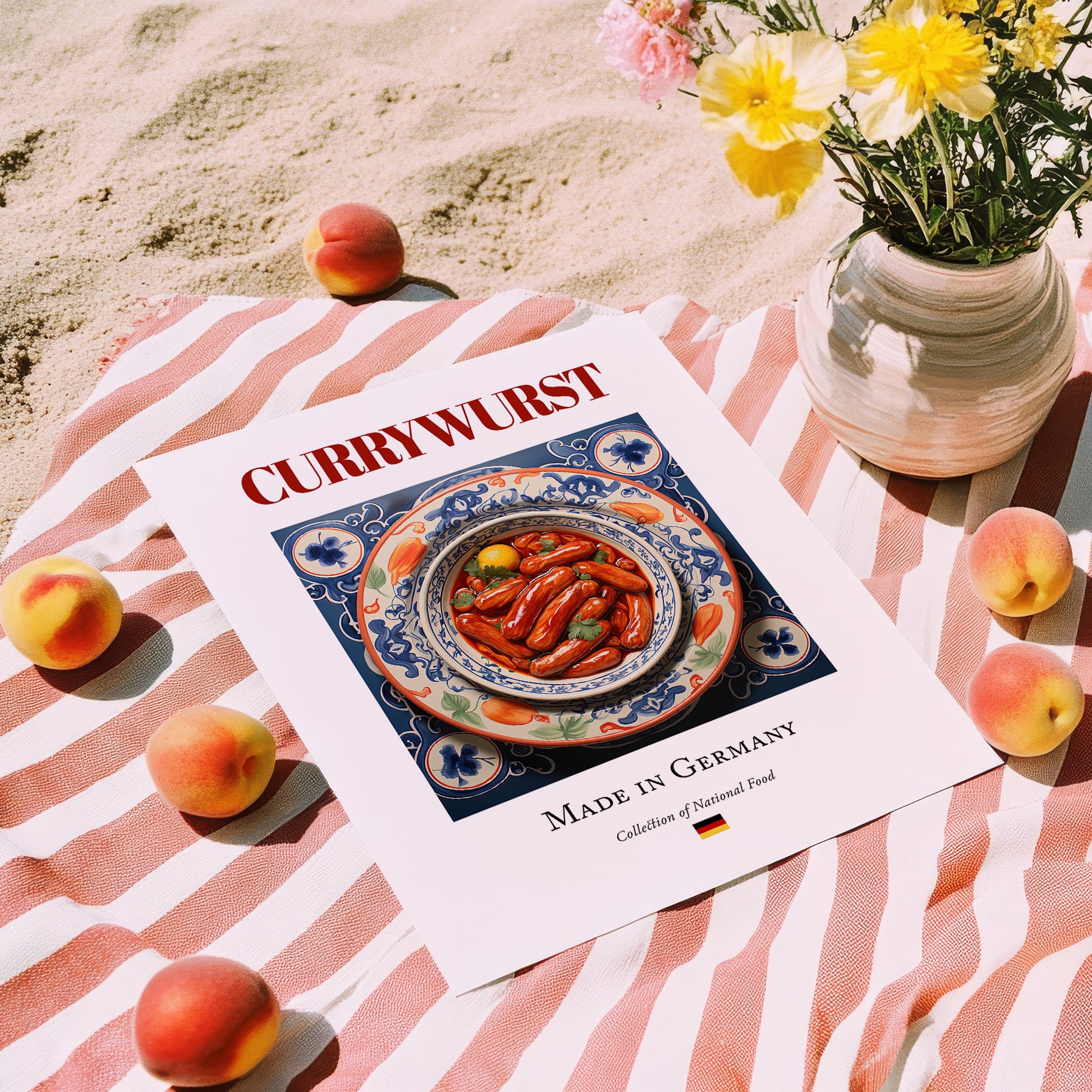 Currywurst – German Meat Dish, Food Bar Wall Art, unframed on coastal sand