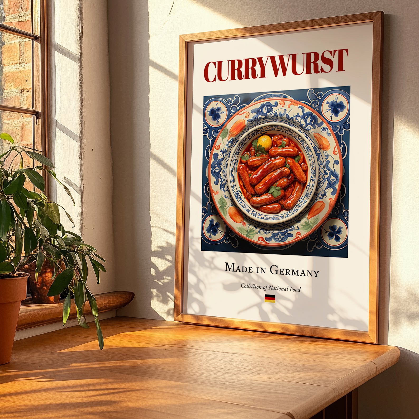Currywurst – German Meat Dish, Food Bar Wall Art, no-text version framed in wood
