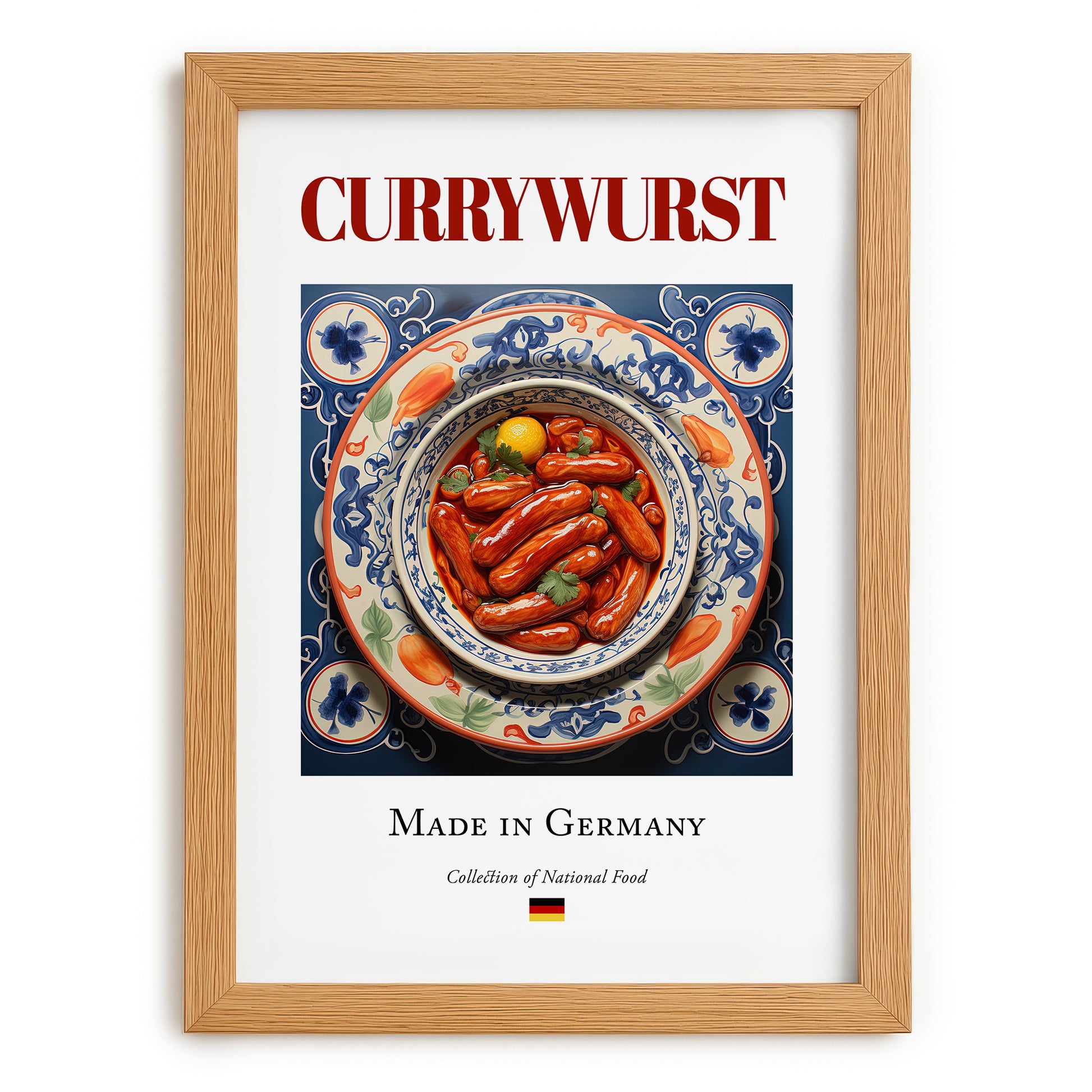 Currywurst – German Meat Dish, Food Bar Wall Art, set in oak frame