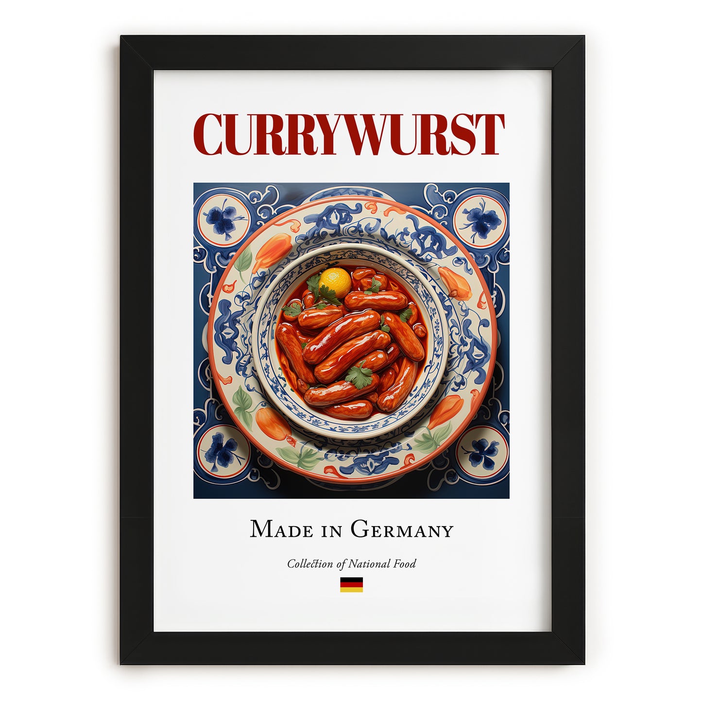 Currywurst – German Meat Dish, Food Bar Wall Art, in sleek black frame