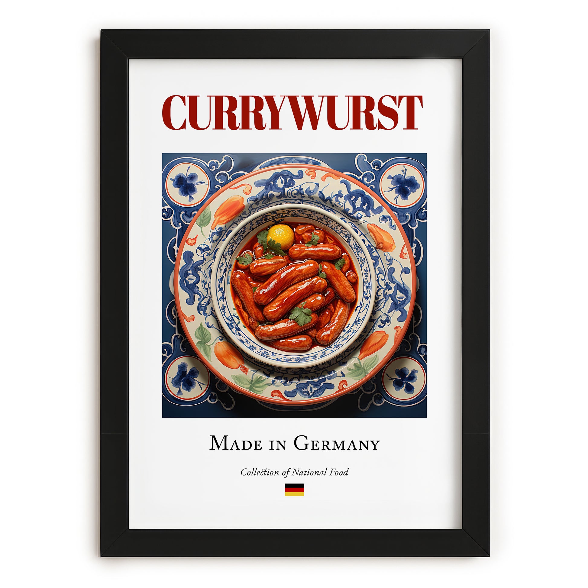 Currywurst – German Meat Dish, Food Bar Wall Art, in sleek black frame