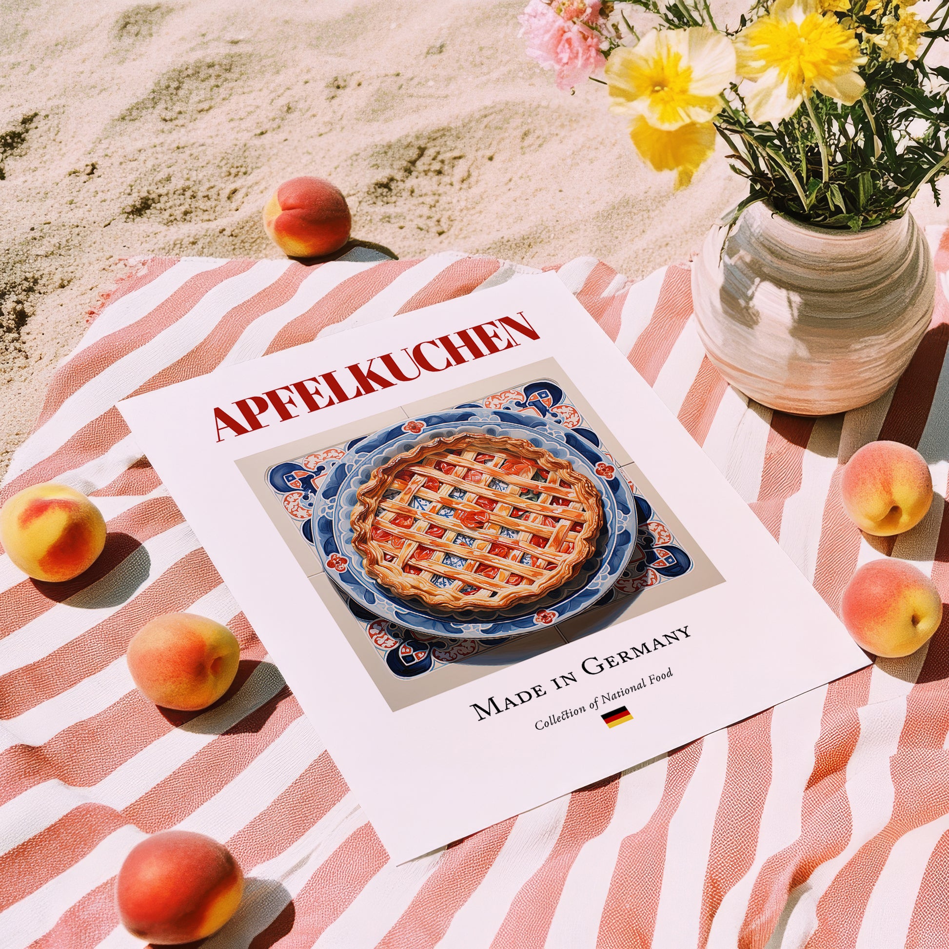 Apfelkuchen – German Dessert Dish, Farmhouse Kitchen Wall Art, unframed on coastal sand
