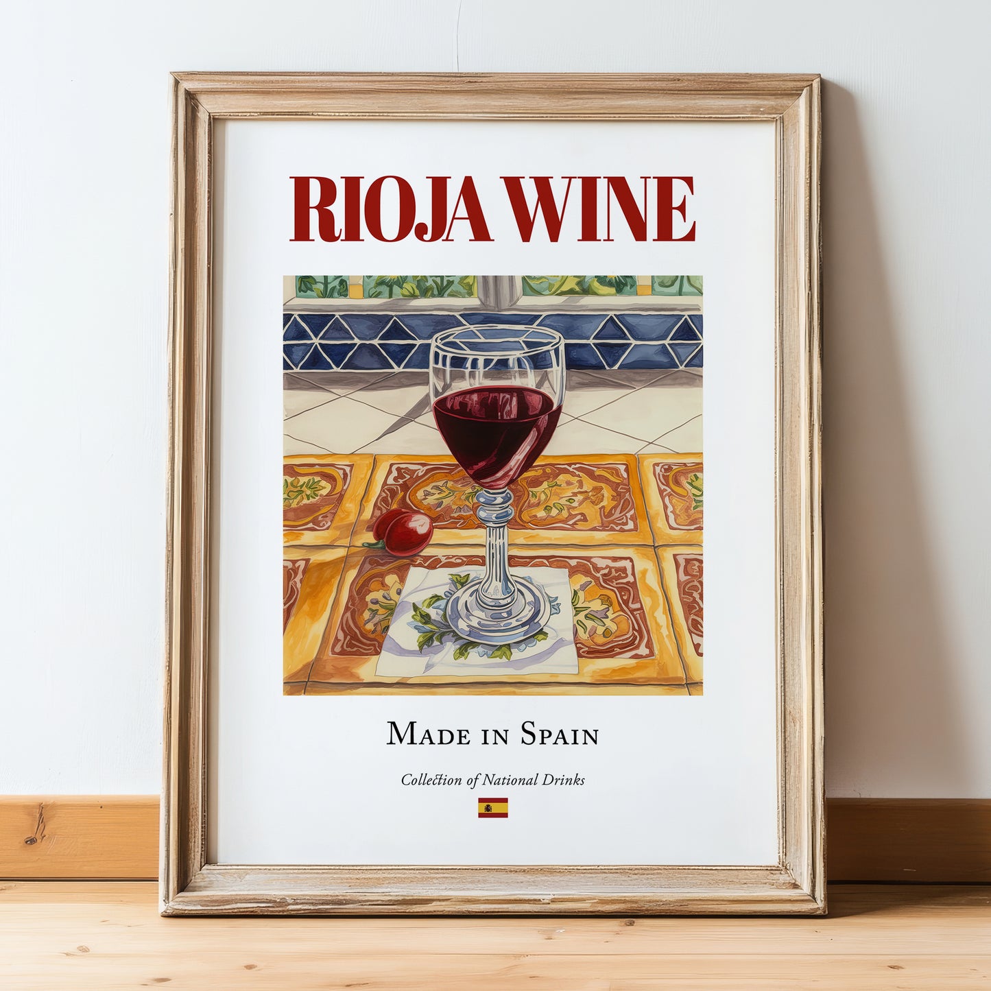 Rioja wine – Spanish Red Wine, Tasting Room Poster, in wooden frame leaning on the floor